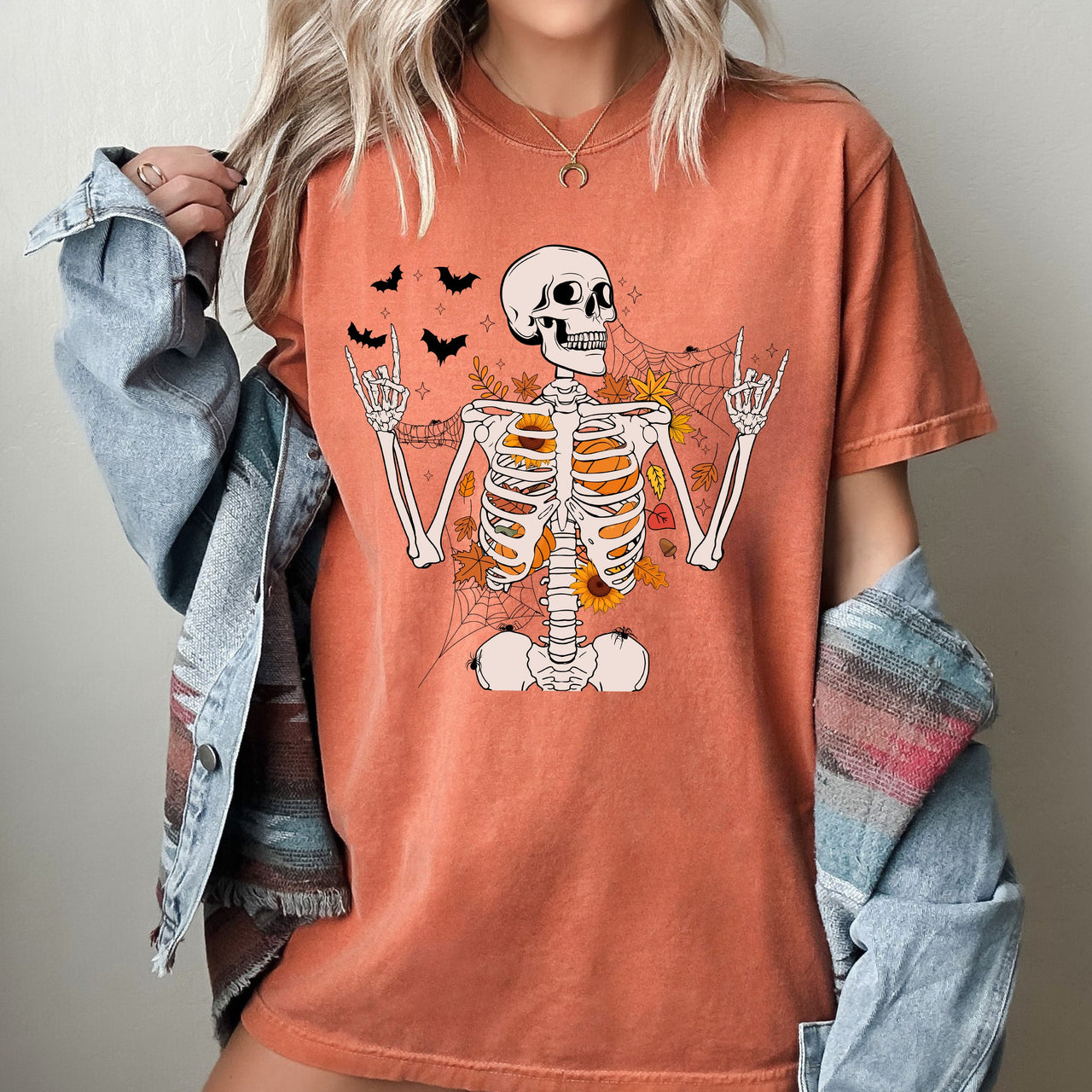 Funny Skeleton Flowers Rock Western Witch Halloween Meme Graphic Comfort Colors Tee