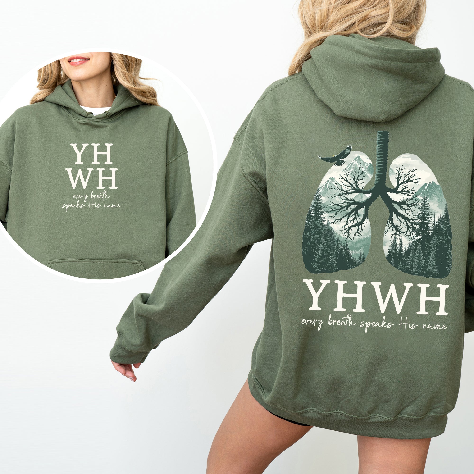YHWH Lungs Christian Front And Back Every Breath Speak His Name Hebrew Name Of God Faith Apparel Hooded Sweatshirt