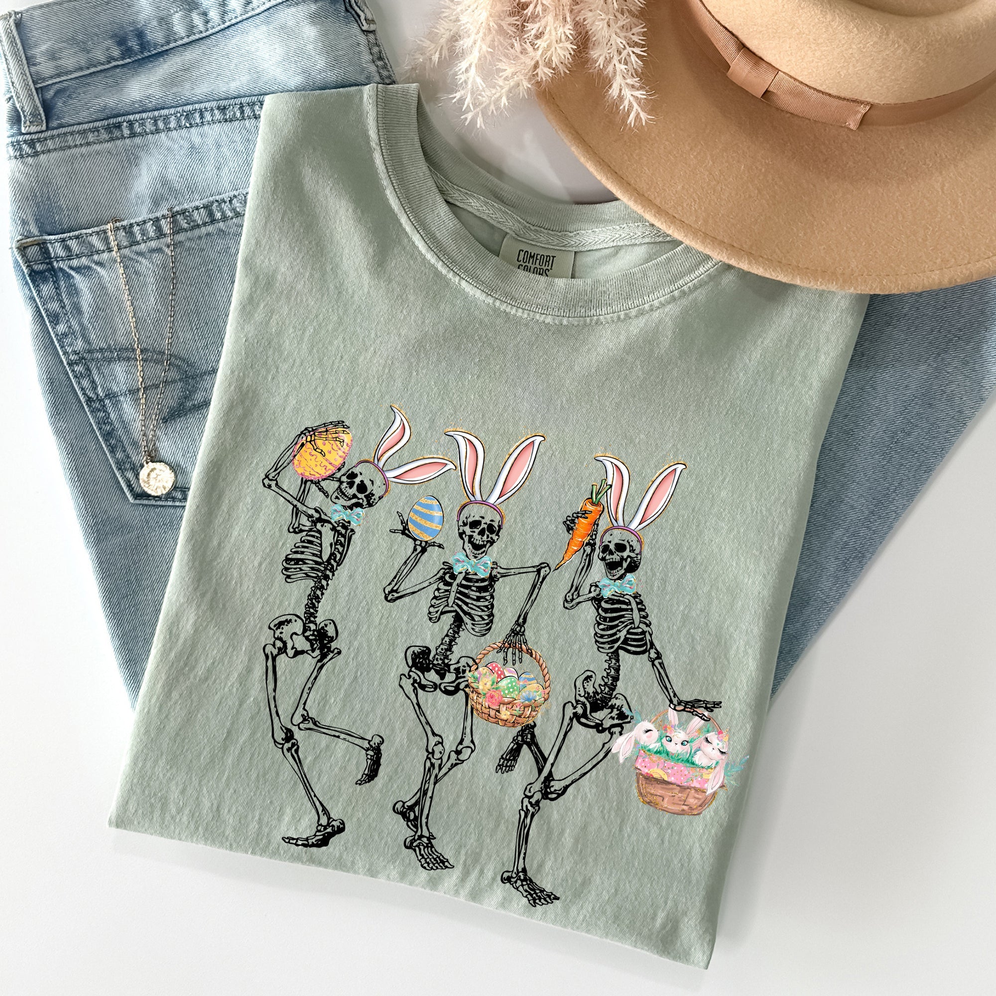 Dancing Easter Skeleton Rabbit Bunnies In Festive Spring Celebration Comfort Colors Tee