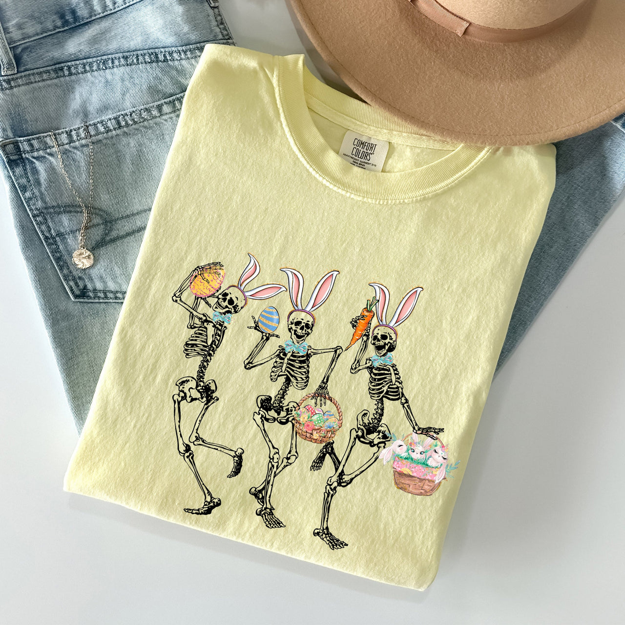 Dancing Easter Skeleton Rabbit Bunnies In Festive Spring Celebration Comfort Colors Tee
