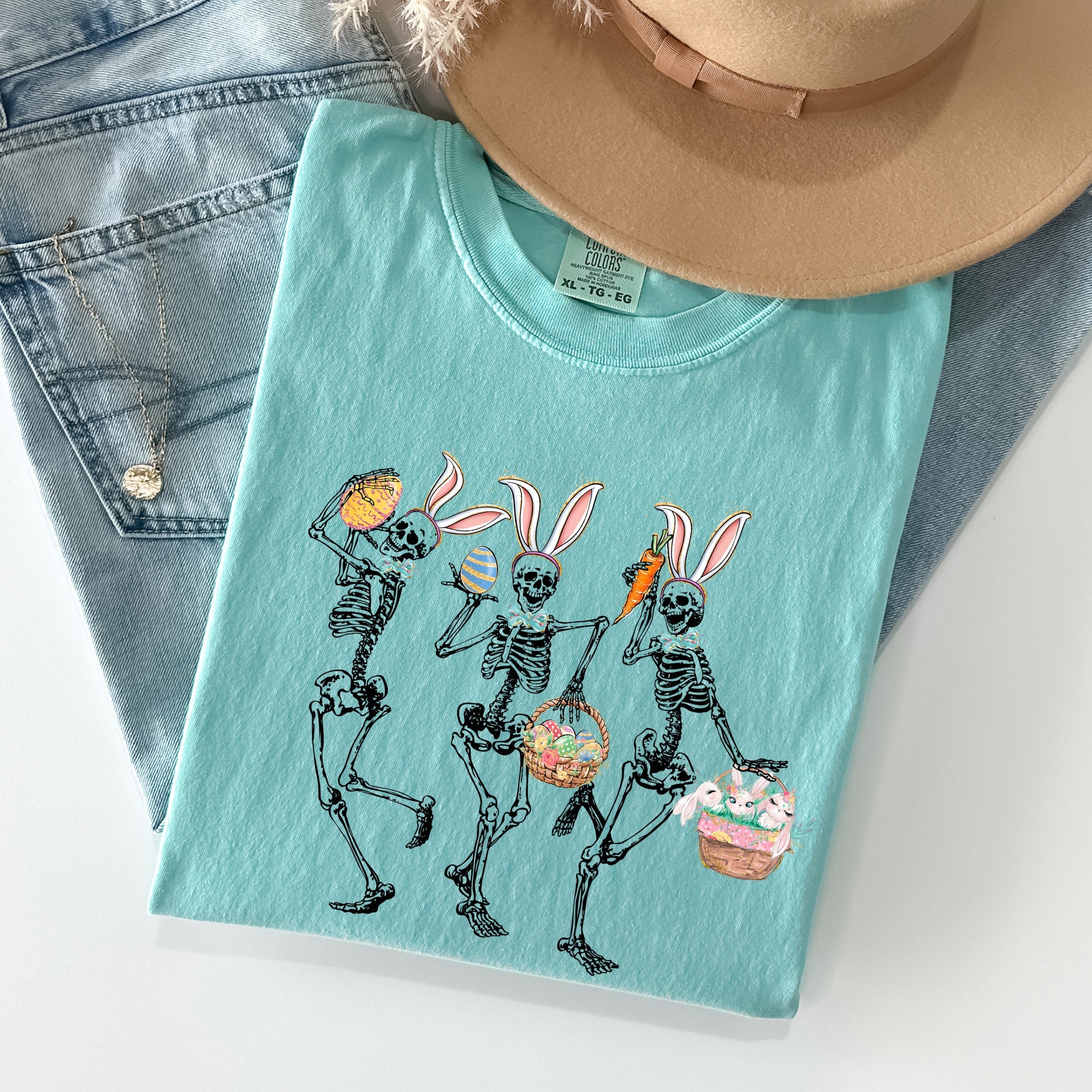 Dancing Easter Skeleton Rabbit Bunnies In Festive Spring Celebration Comfort Colors Tee
