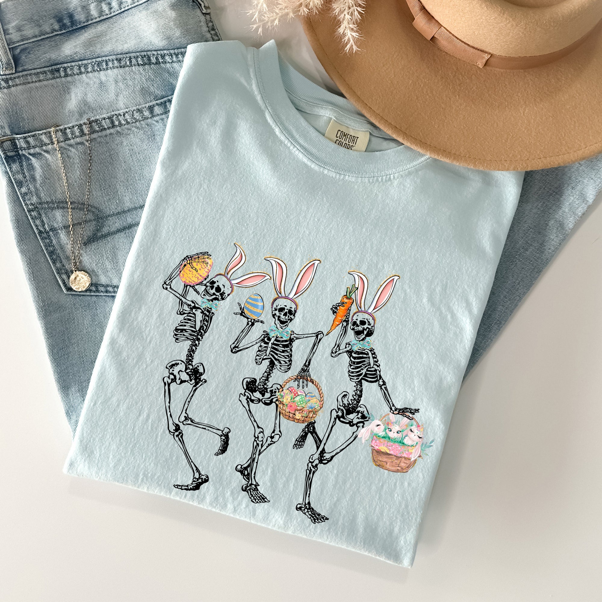 Dancing Easter Skeleton Rabbit Bunnies In Festive Spring Celebration Comfort Colors Tee