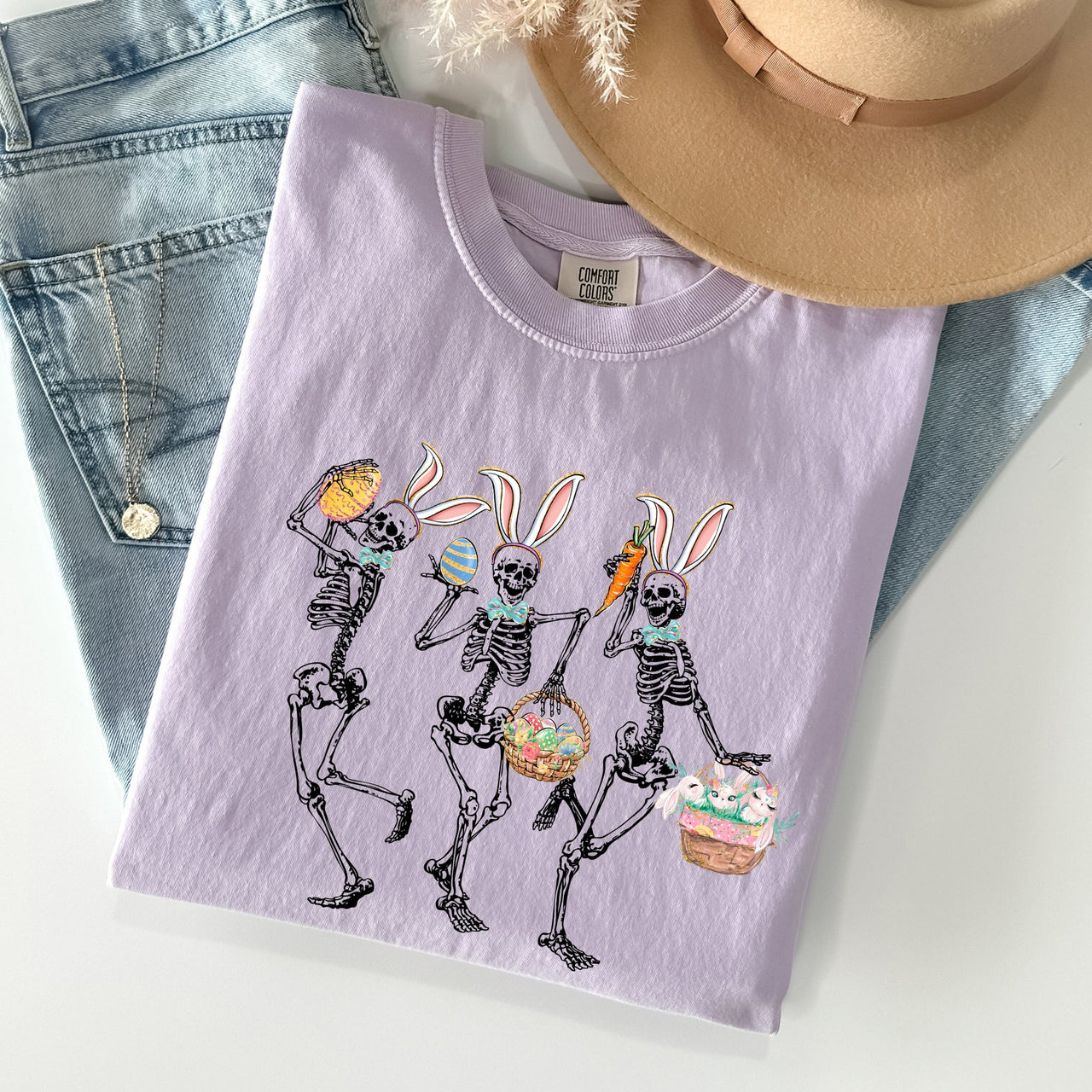 Dancing Easter Skeleton Rabbit Bunnies In Festive Spring Celebration Comfort Colors Tee