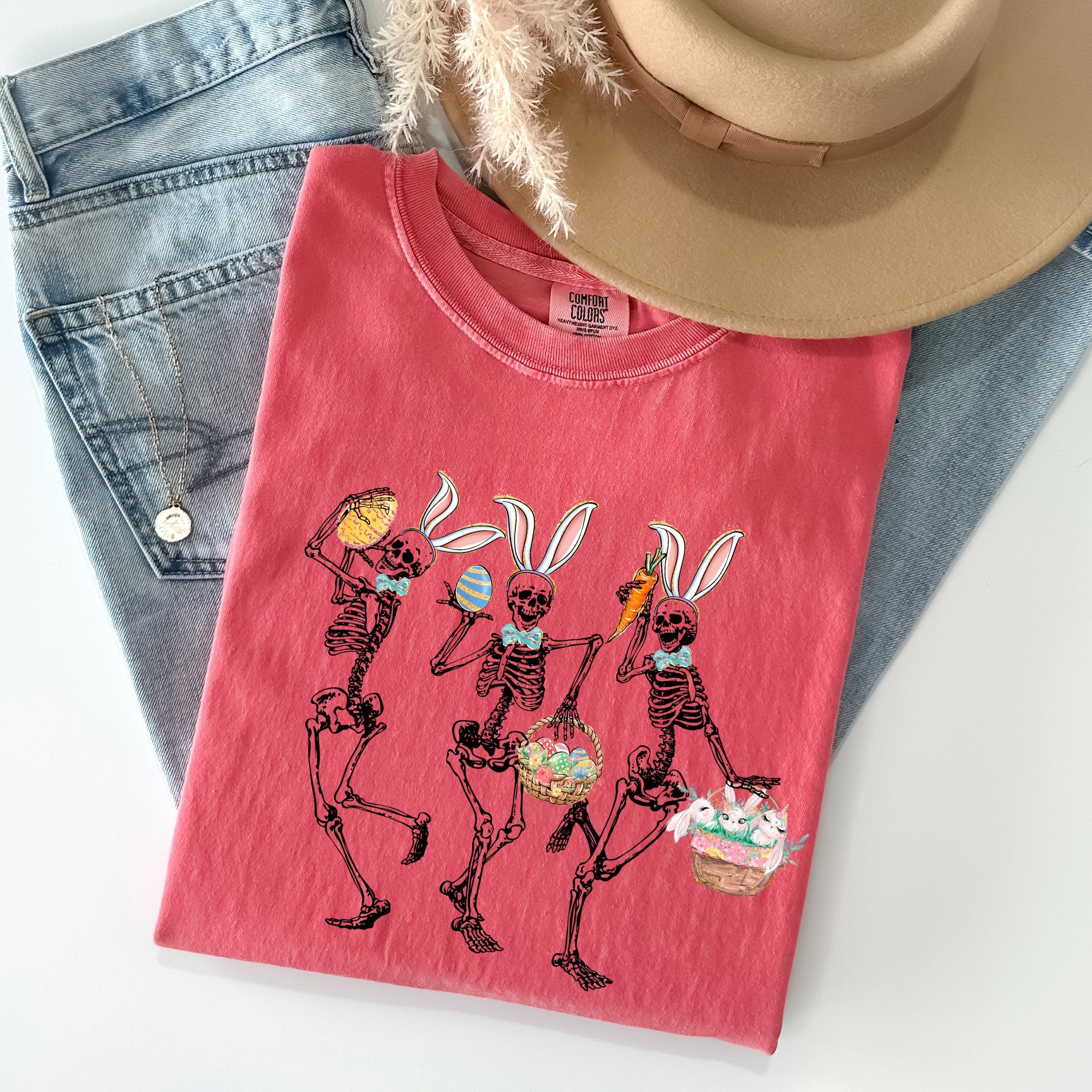 Dancing Easter Skeleton Rabbit Bunnies In Festive Spring Celebration Comfort Colors Tee