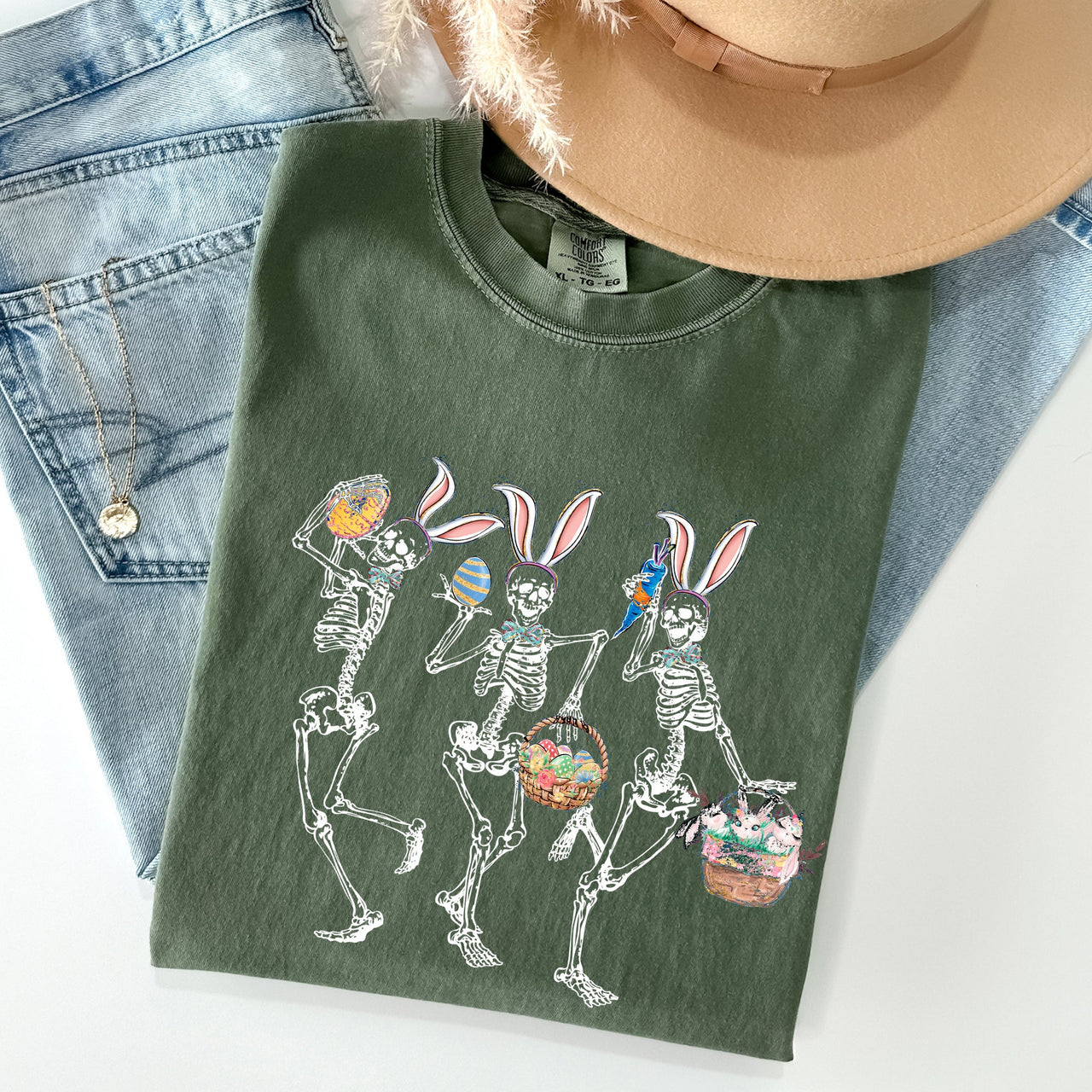 Dancing Easter Skeleton Rabbit Bunnies In Festive Spring Celebration Comfort Colors Tee