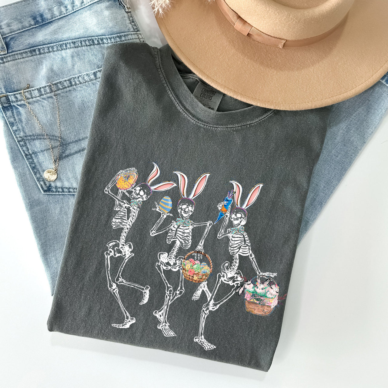 Dancing Easter Skeleton Rabbit Bunnies In Festive Spring Celebration Comfort Colors Tee