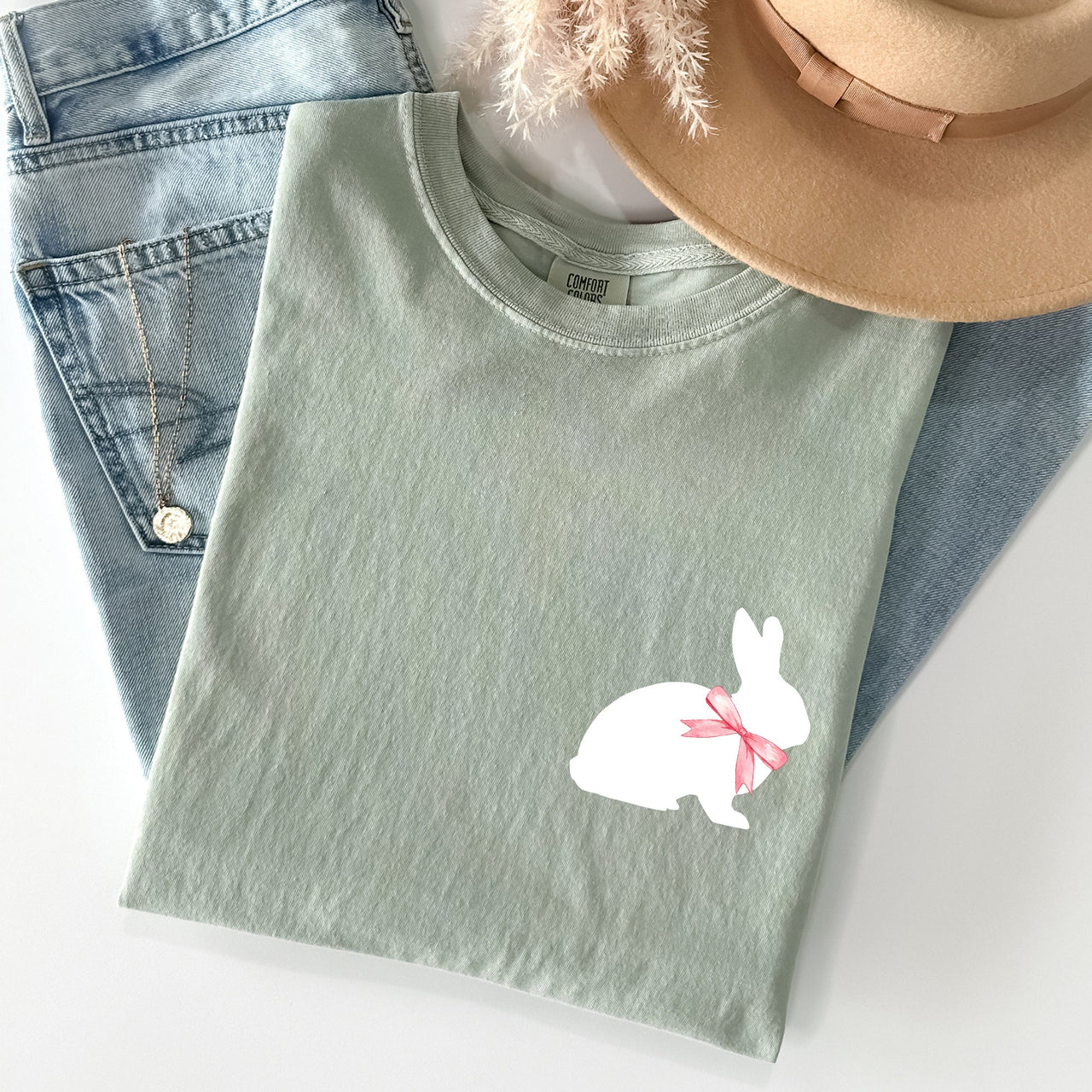 Whimsical Bunny With Bow Pocket Print Easter Rabbit Illustration For Spring Season Comfort Colors Tee