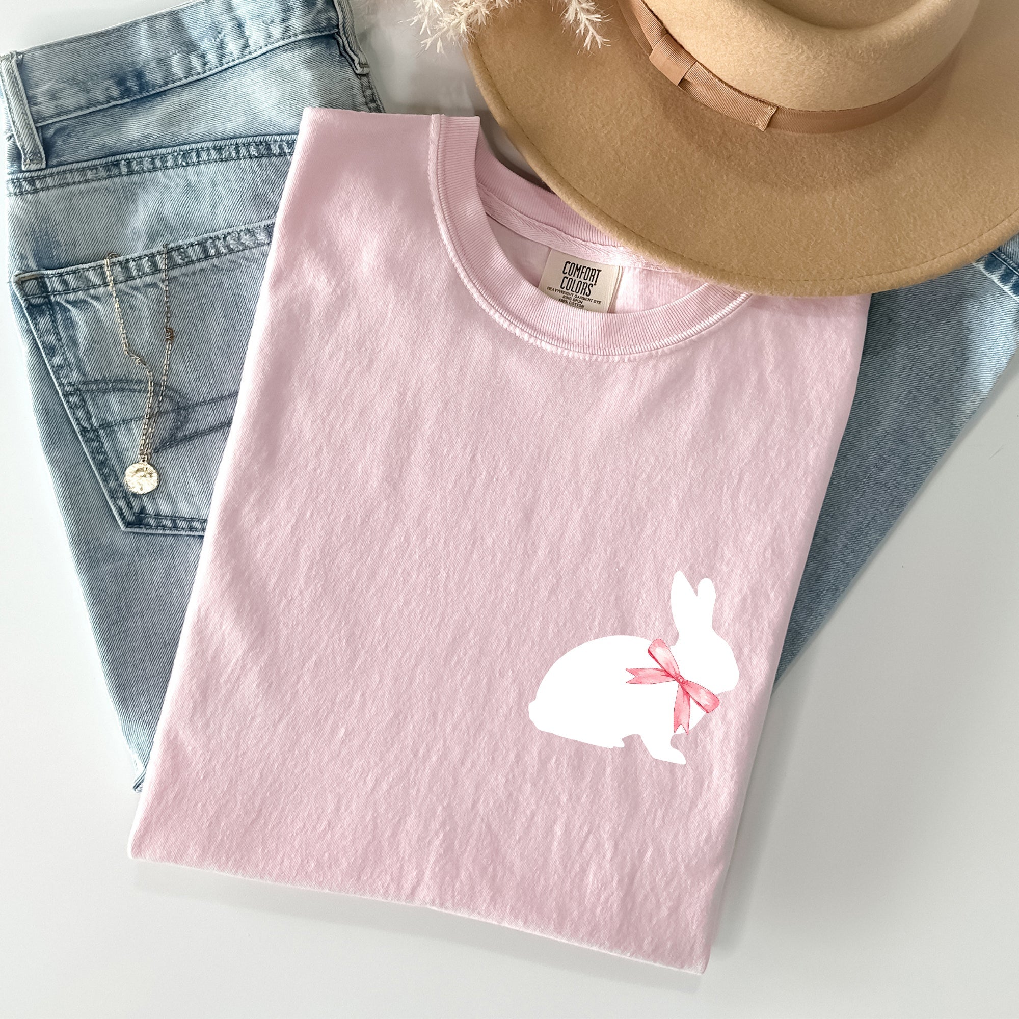 Whimsical Bunny With Bow Pocket Print Easter Rabbit Illustration For Spring Season Comfort Colors Tee