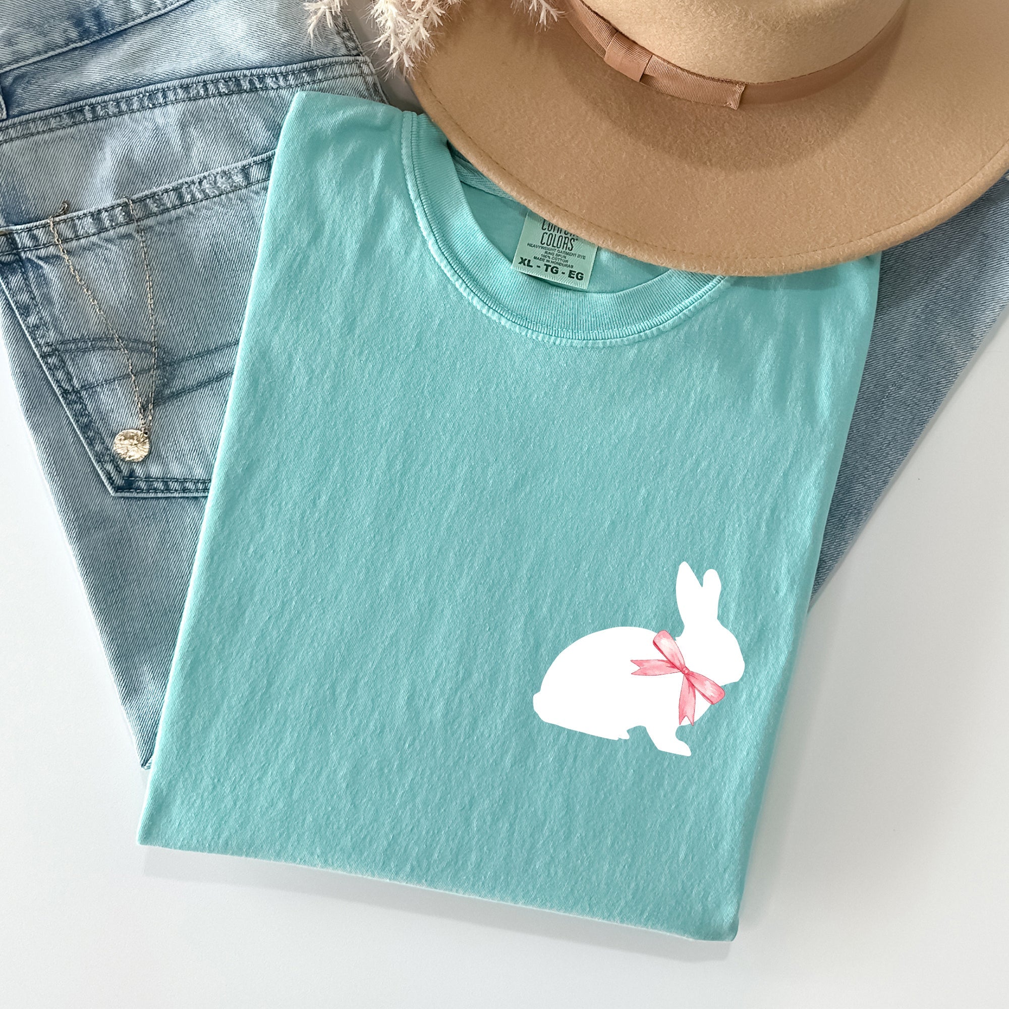 Whimsical Bunny With Bow Pocket Print Easter Rabbit Illustration For Spring Season Comfort Colors Tee