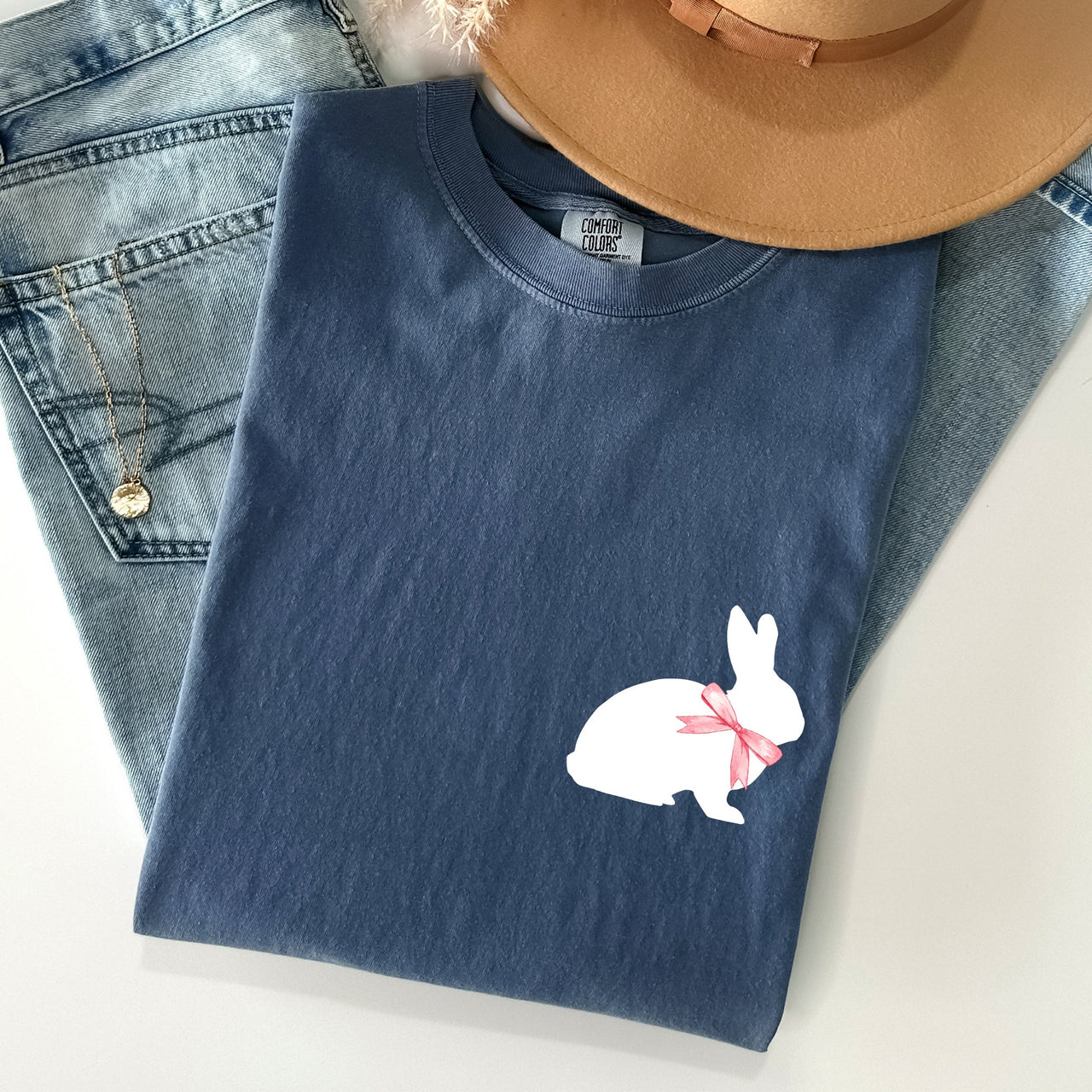 Whimsical Bunny With Bow Pocket Print Easter Rabbit Illustration For Spring Season Comfort Colors Tee