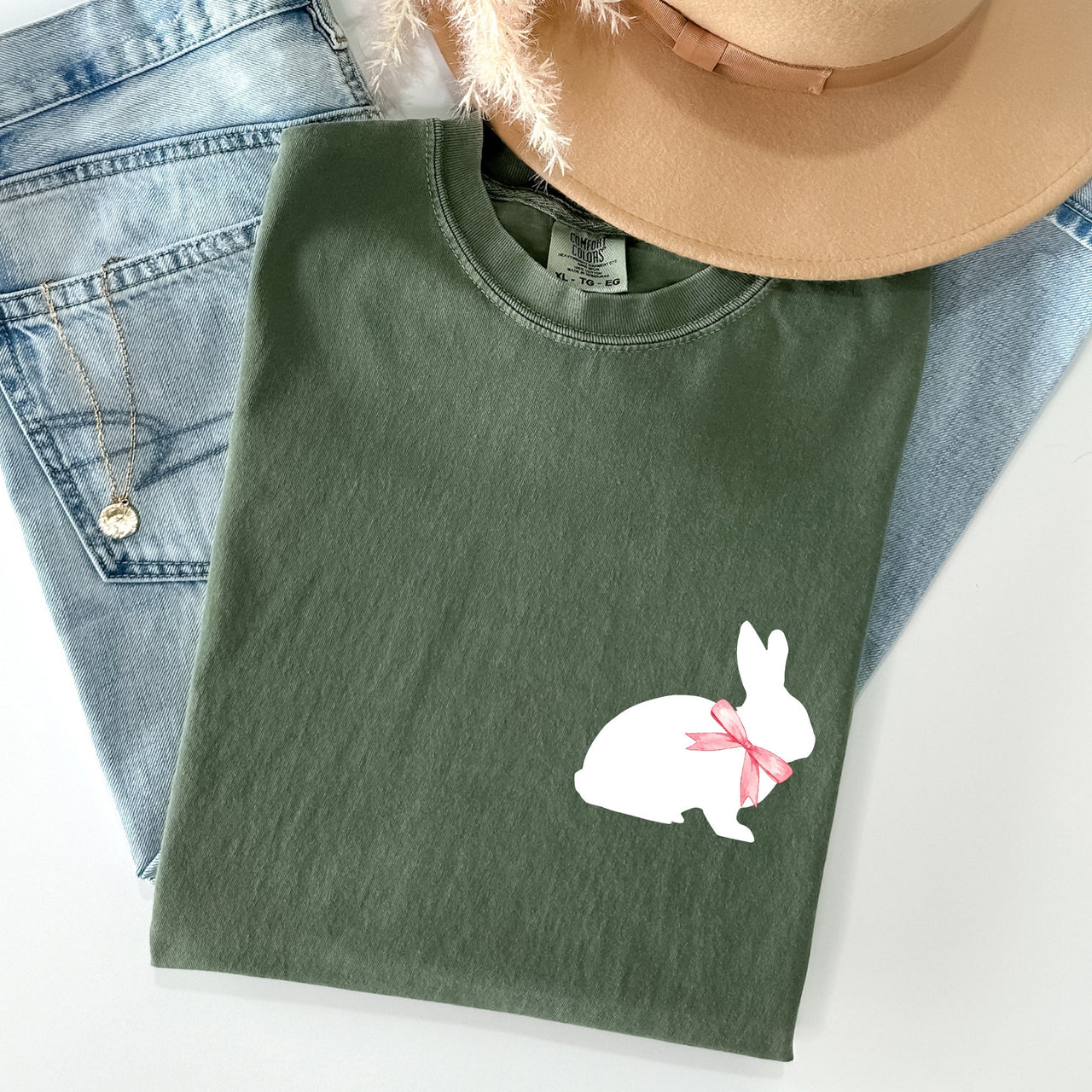 Whimsical Bunny With Bow Pocket Print Easter Rabbit Illustration For Spring Season Comfort Colors Tee