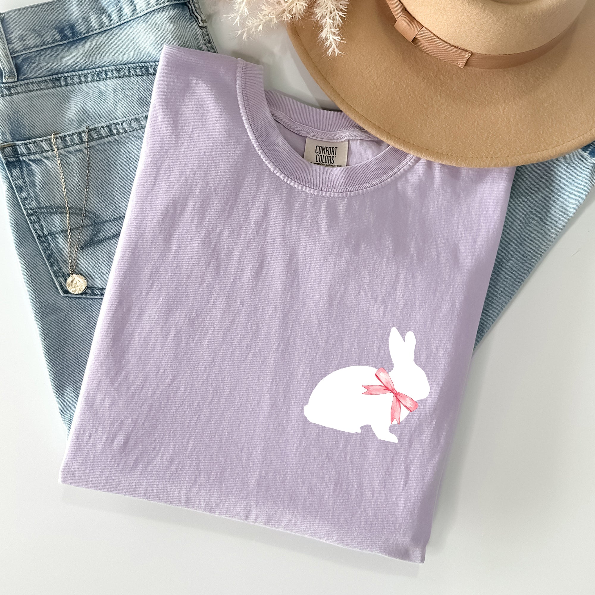 Whimsical Bunny With Bow Pocket Print Easter Rabbit Illustration For Spring Season Comfort Colors Tee