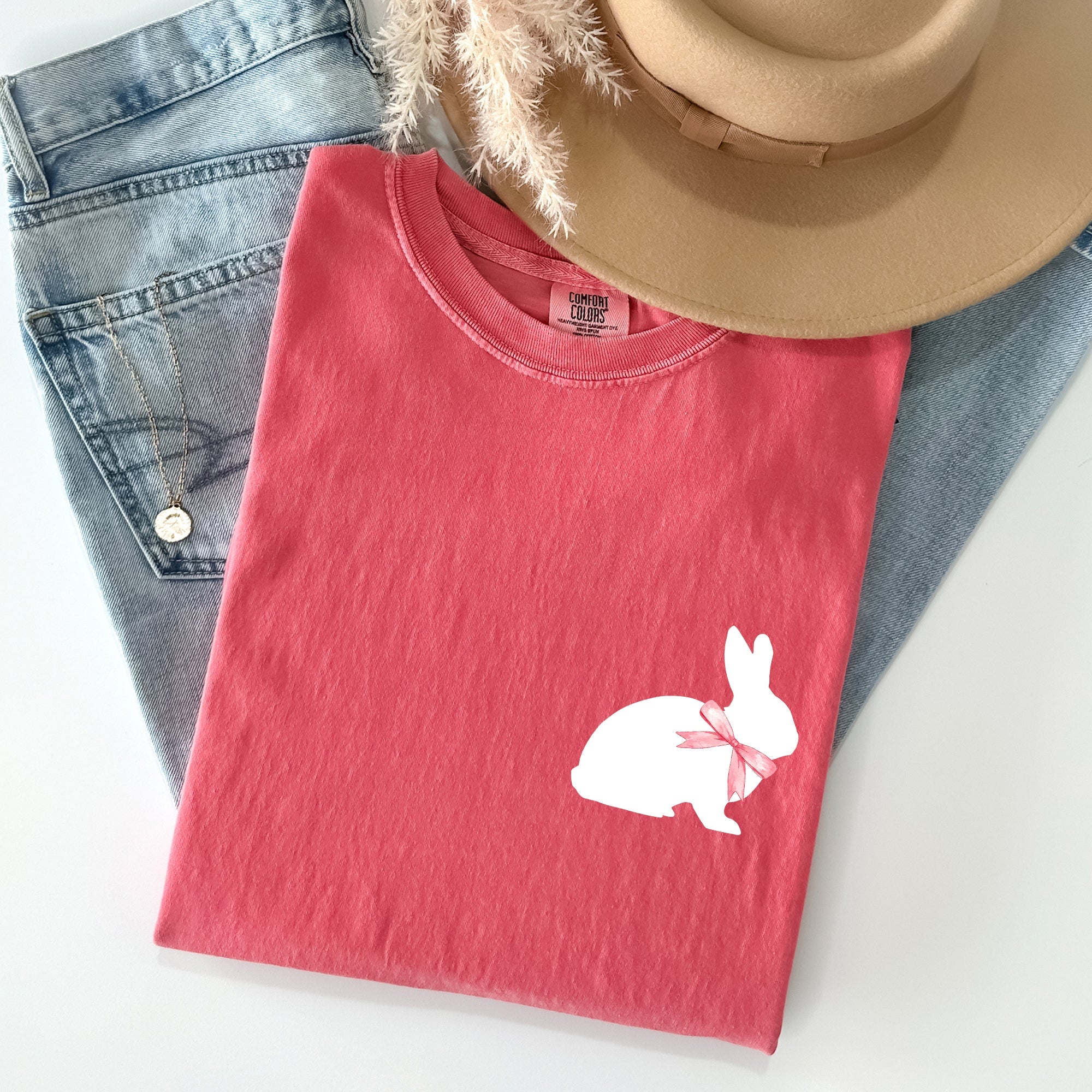 Whimsical Bunny With Bow Pocket Print Easter Rabbit Illustration For Spring Season Comfort Colors Tee