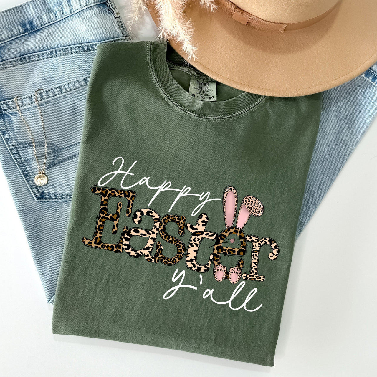Happy Easter Y'all Leopard Print Rabbit Artwork Celebration Edition Comfort Colors Tee