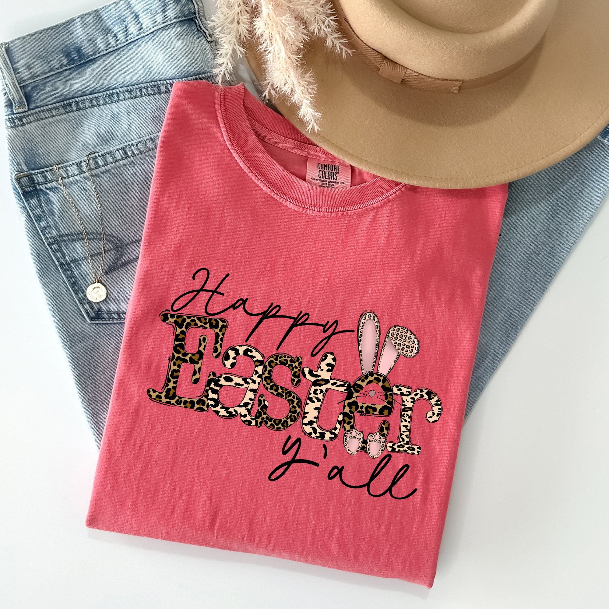 Happy Easter Y'all Leopard Print Rabbit Artwork Celebration Edition Comfort Colors Tee