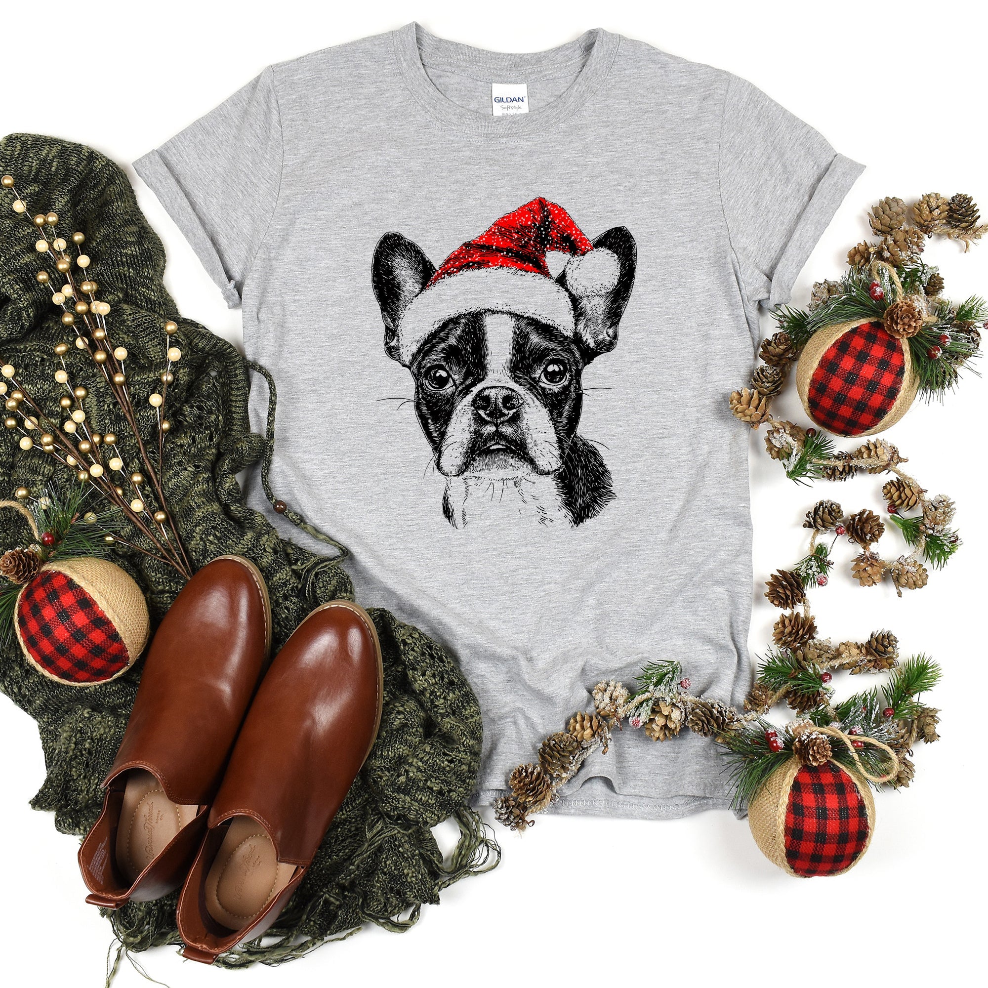 Boston Terrier Santa Christmas Dog Lover Portrait Design For Pet Fans Comfort Colors Tee