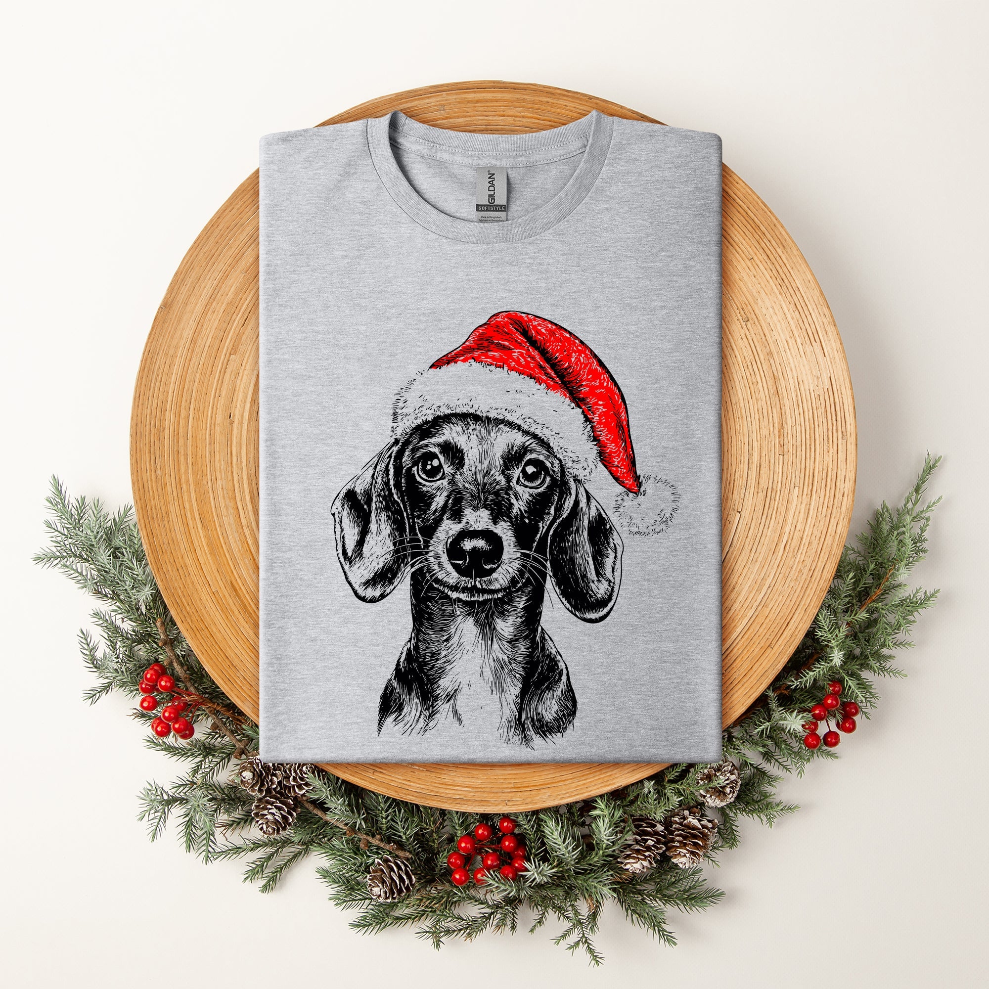 Dachshund Santa Christmas Dog Lover Holiday Ornament Portrait Art Comfort Colors Tee