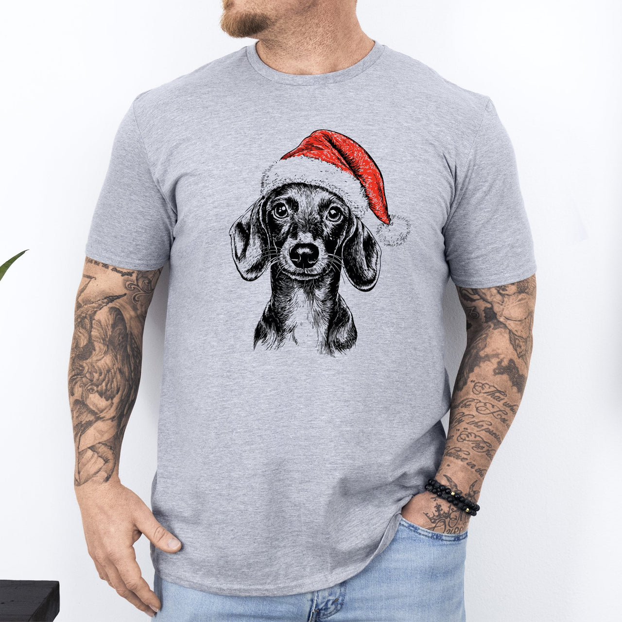 Dachshund Santa Christmas Dog Lover Holiday Ornament Portrait Art Comfort Colors Tee