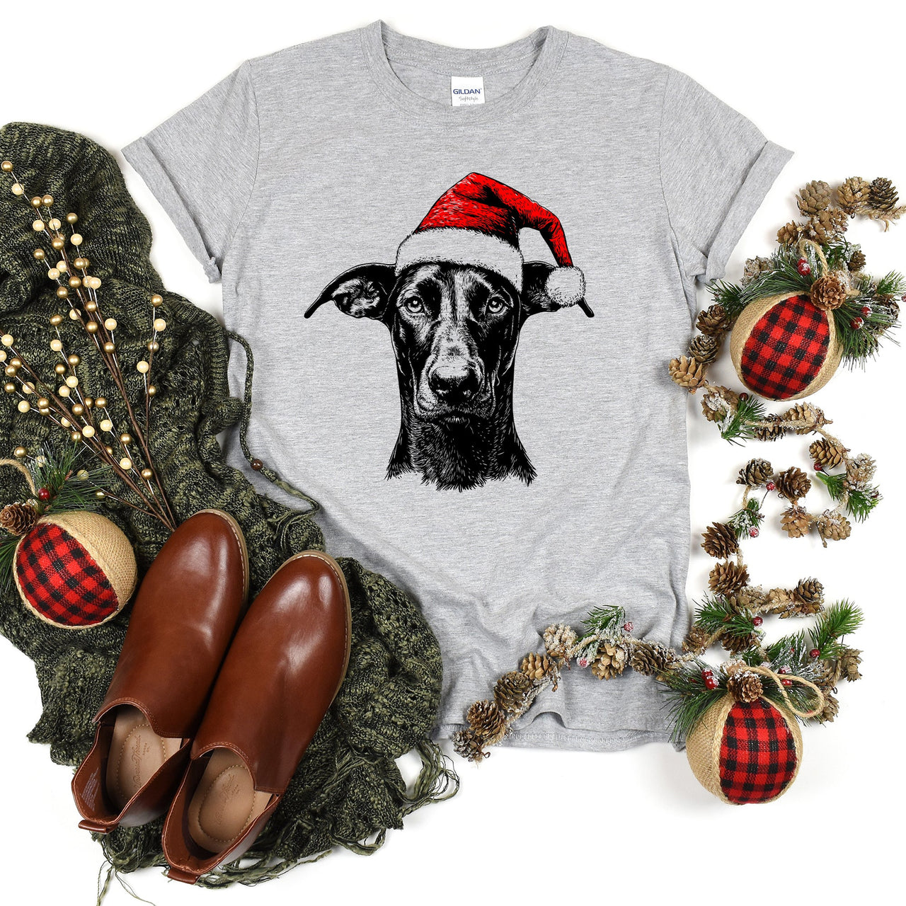 Doberman Santa Dog Christmas Dog Lover Pet Holiday Celebration Comfort Colors Tee