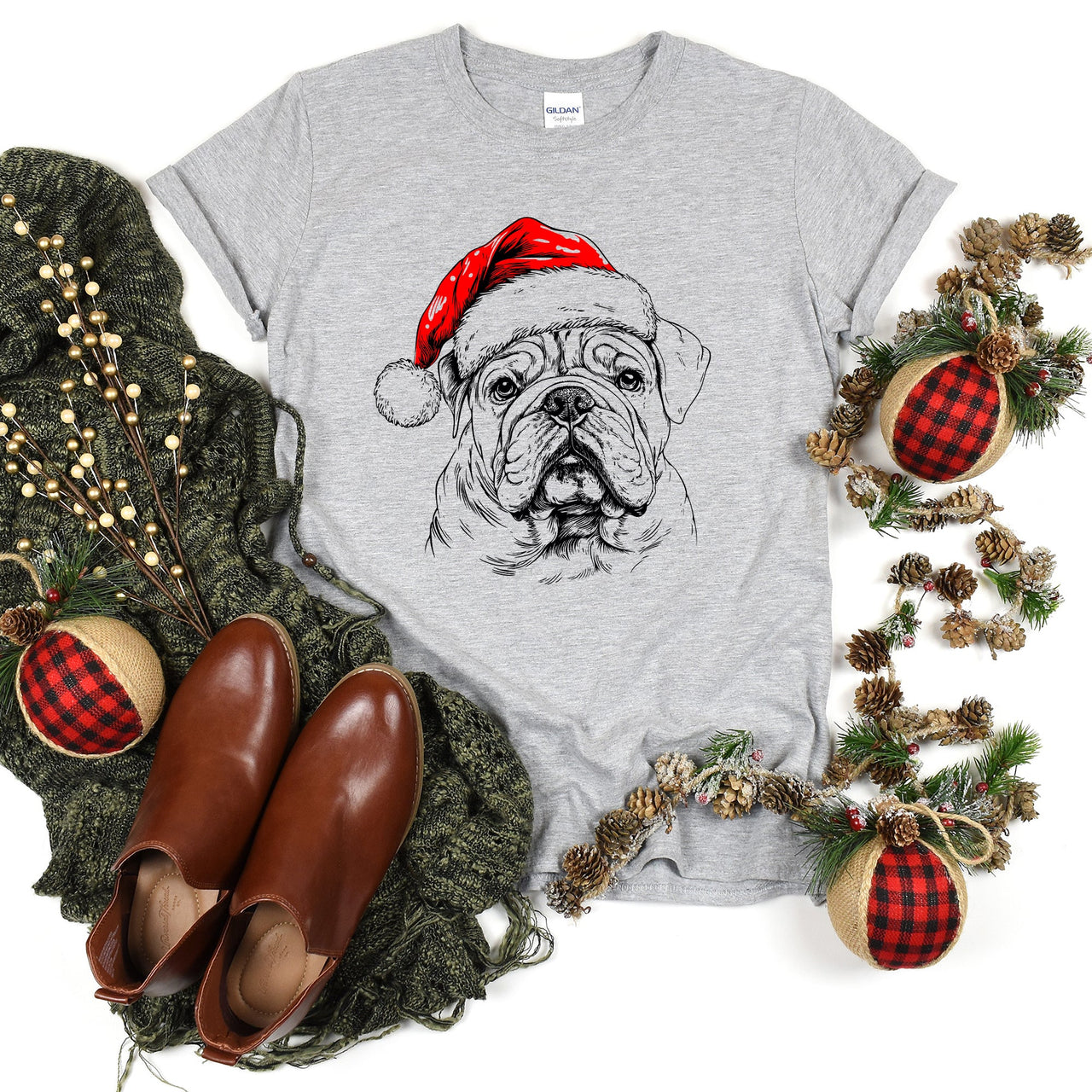 English Bulldog Santa Christmas Dog Lover Pet Graphic Design Edition Comfort Colors Tee