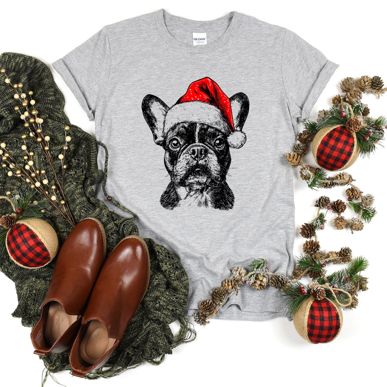 Frenchie Santa Christmas French Bulldog Dog Lover Cozy Holiday Cheer Graphic Comfort Colors Tee