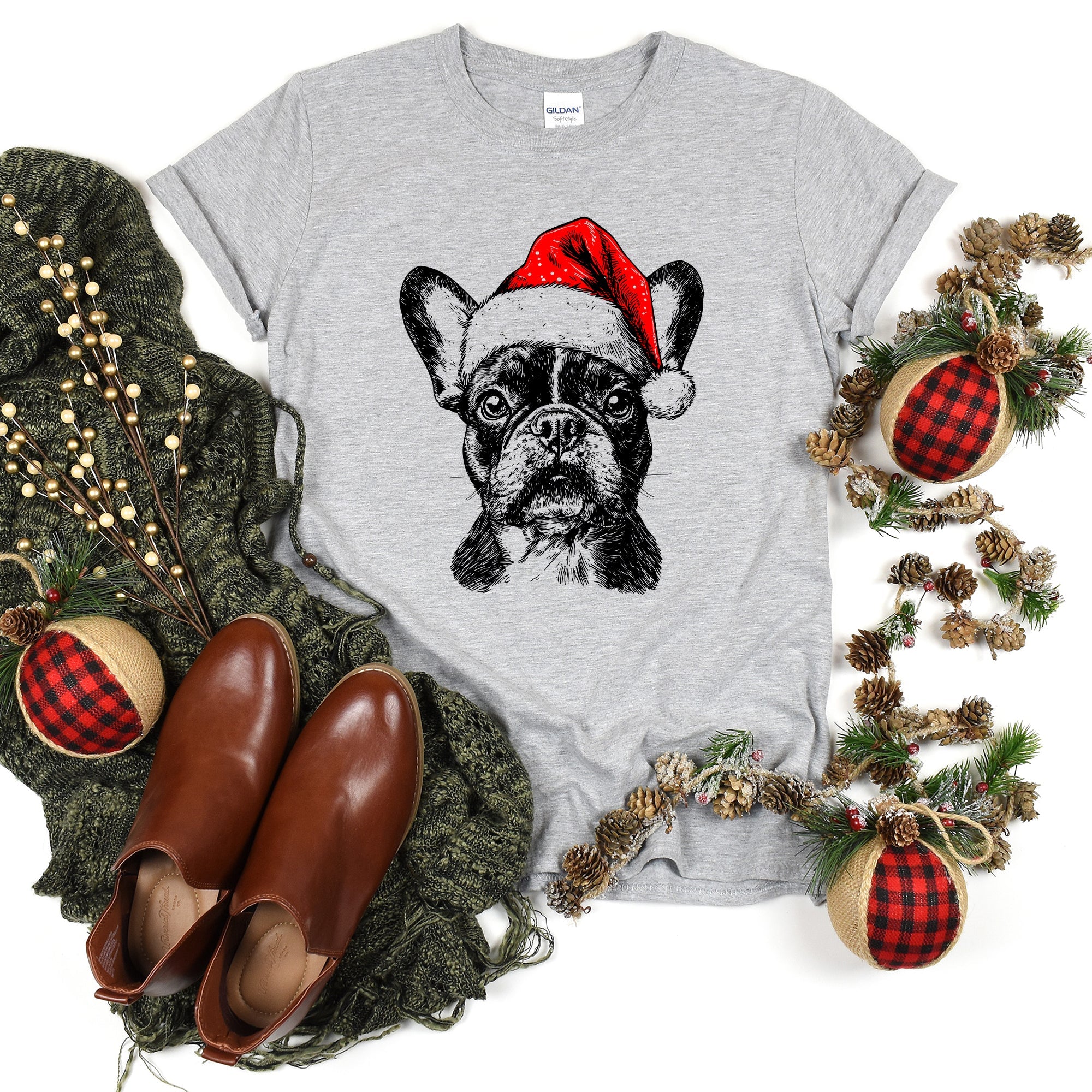 Frenchie Santa Christmas French Bulldog Dog Lover Cozy Holiday Cheer Graphic Comfort Colors Tee