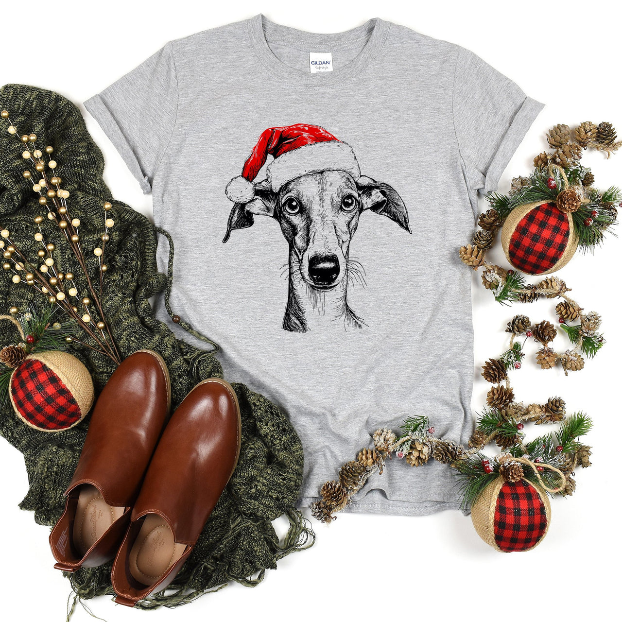 Greyhound Santa Christmas Dog Lover Pet Portrait Graphic Festive Holiday Edition Comfort Colors Tee