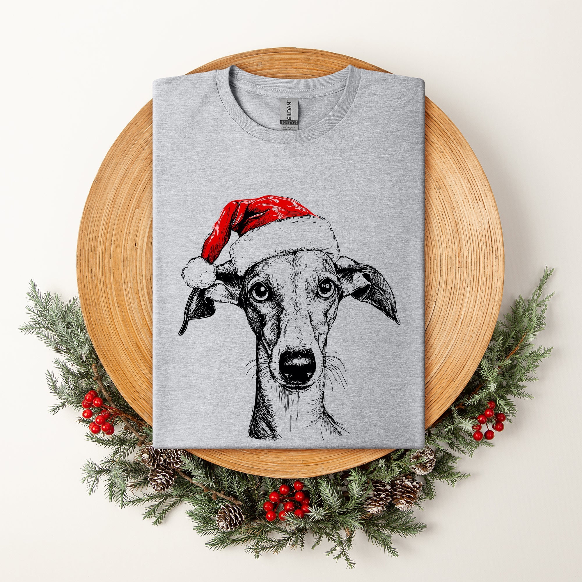 Greyhound Santa Christmas Dog Lover Pet Portrait Graphic Festive Holiday Edition Comfort Colors Tee