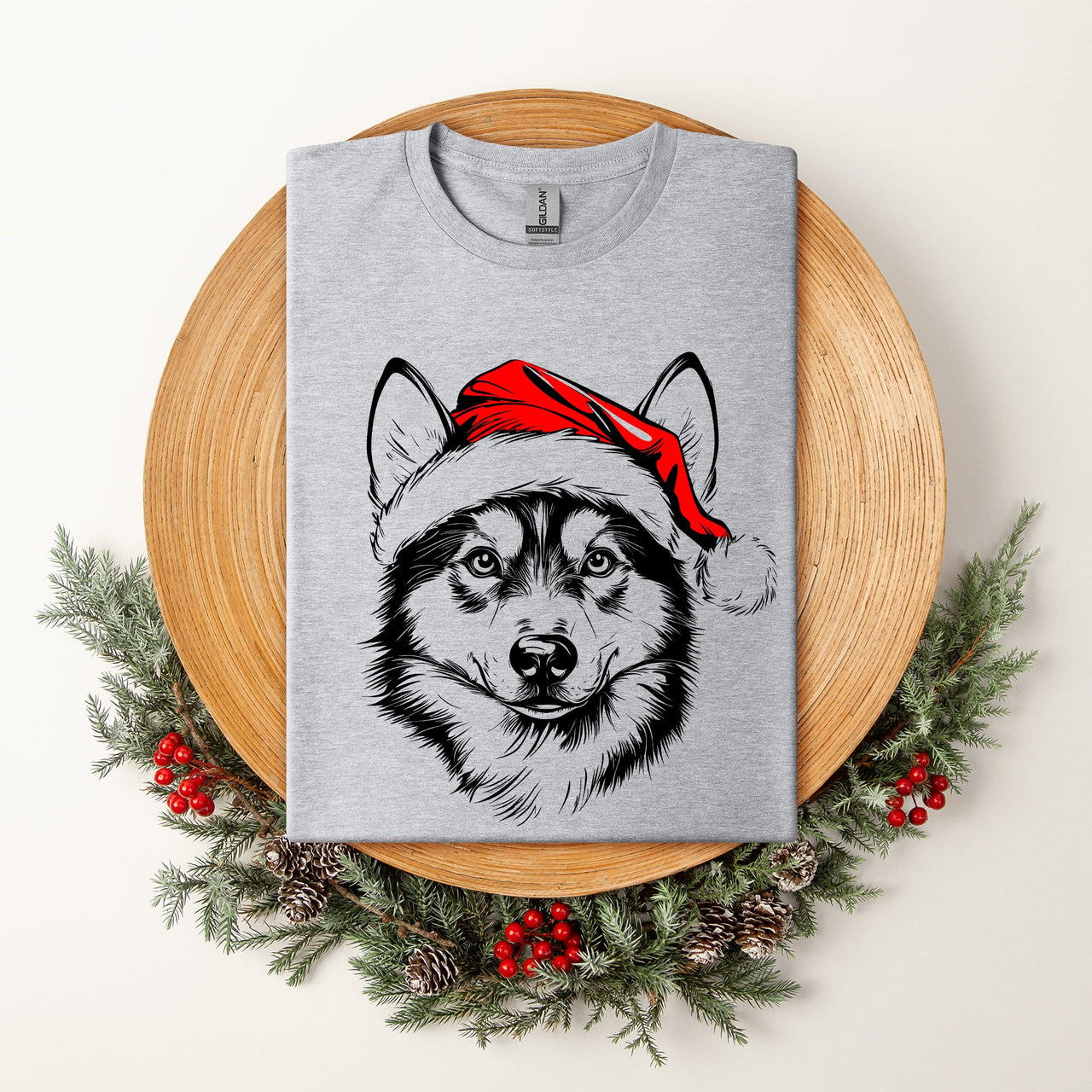 Husky Santa Claus With Christmas Paws And Festive Holly For Dog Lovers Comfort Colors Tee