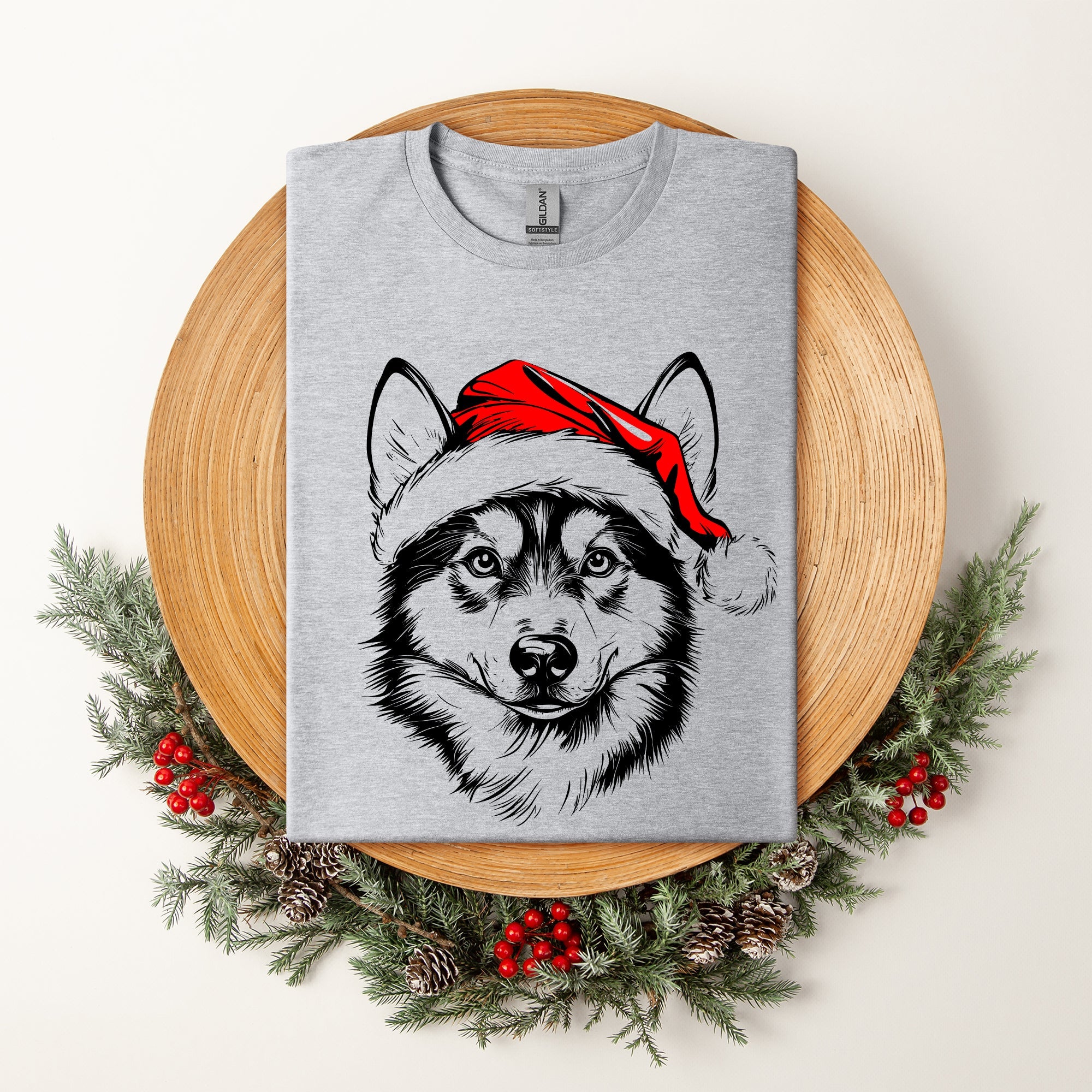 Husky Santa Claus With Christmas Paws And Festive Holly For Dog Lovers Comfort Colors Tee