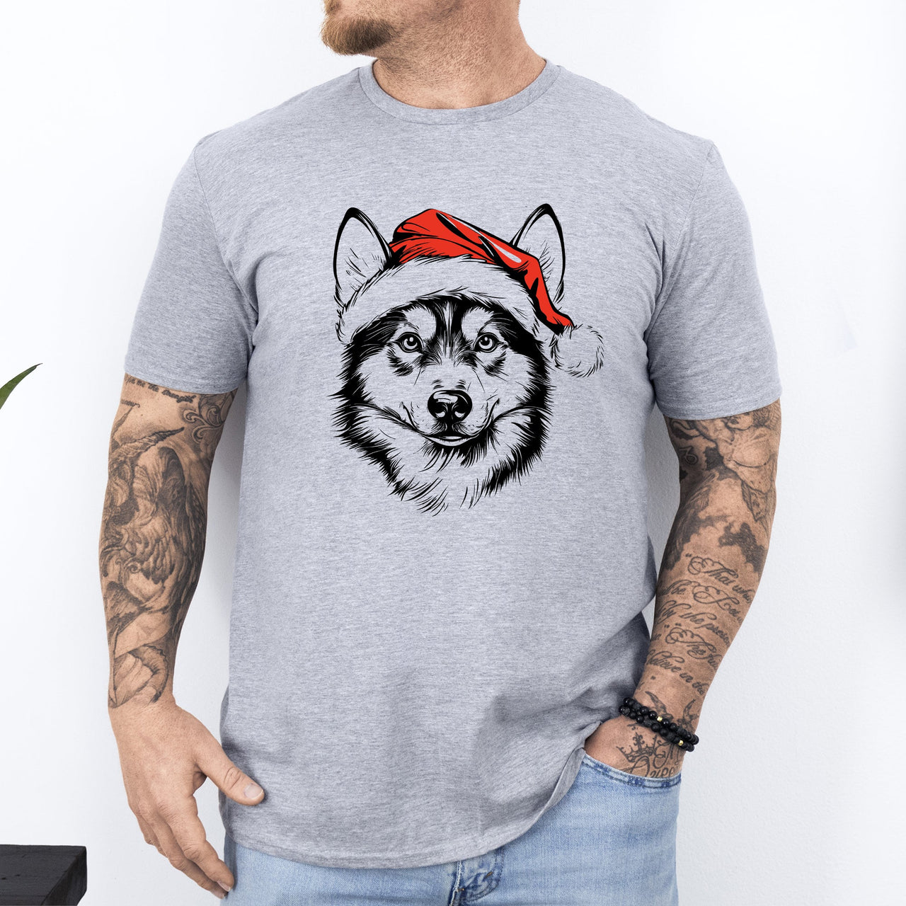 Husky Santa Claus With Christmas Paws And Festive Holly For Dog Lovers Comfort Colors Tee
