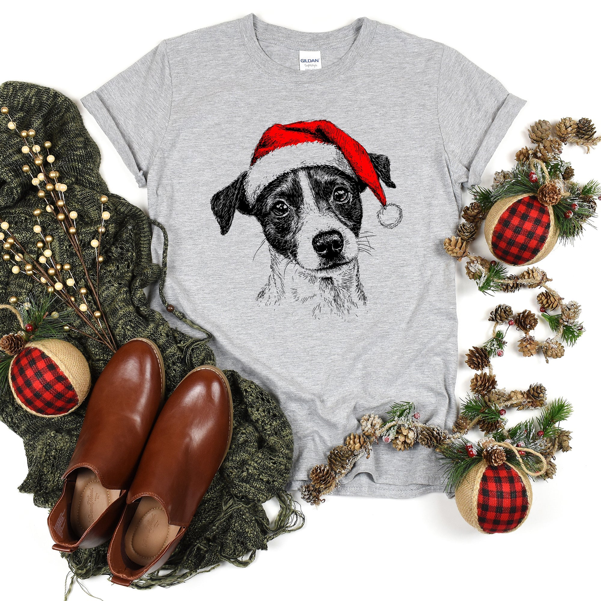 Jack Russell Santa Terrier Christmas Dog Lover Pet Portrait Illustration Comfort Colors Tee