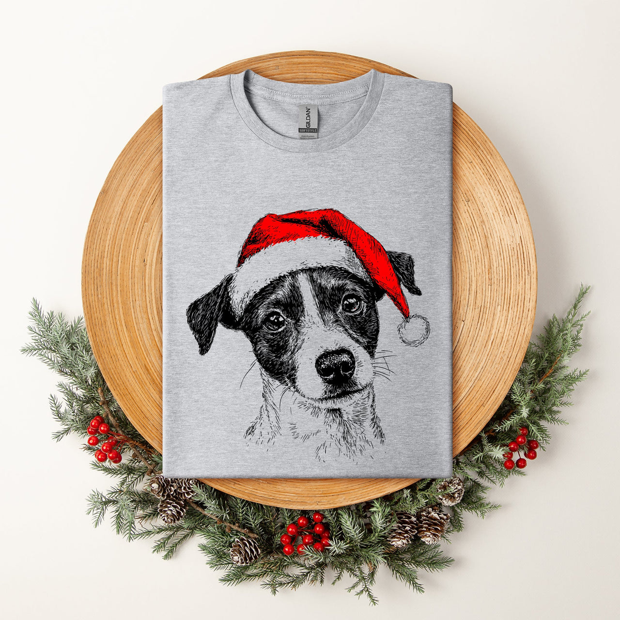 Jack Russell Santa Terrier Christmas Dog Lover Pet Portrait Illustration Comfort Colors Tee