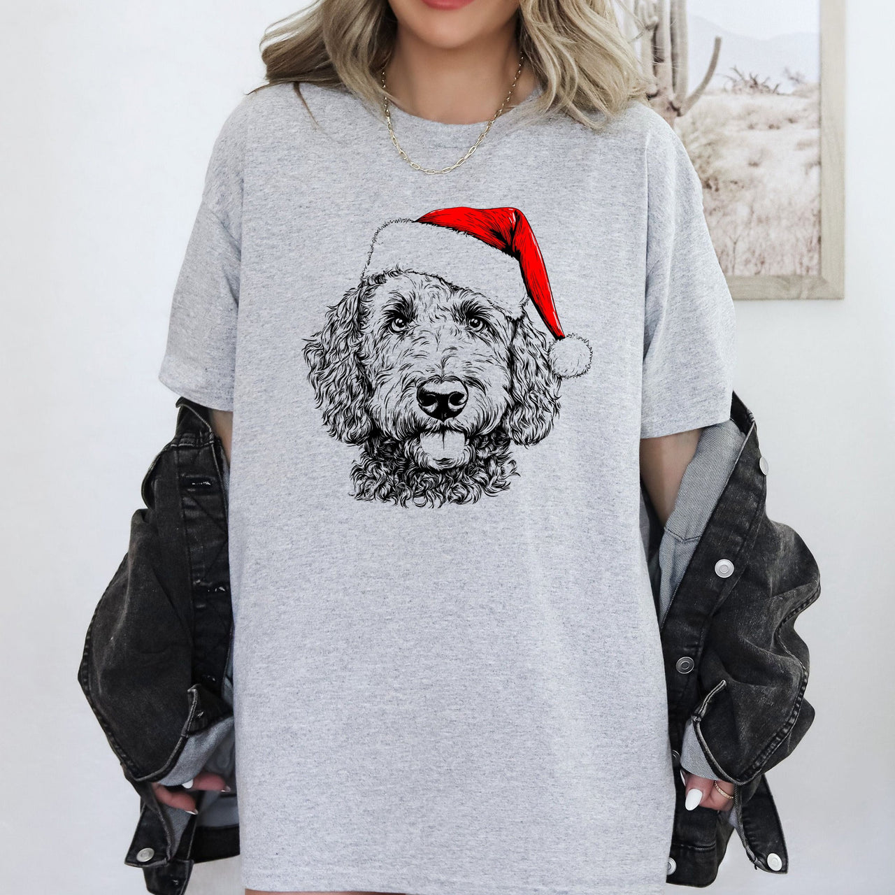 Labradoodle Santa Christmas Dog Lover Art Print With Cozy Premium Soft Feel Comfort Colors Tee