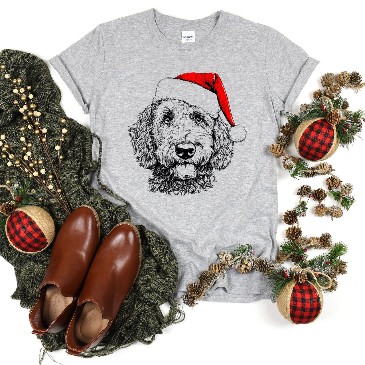 Labradoodle Santa Christmas Dog Lover Art Print With Cozy Premium Soft Feel Comfort Colors Tee