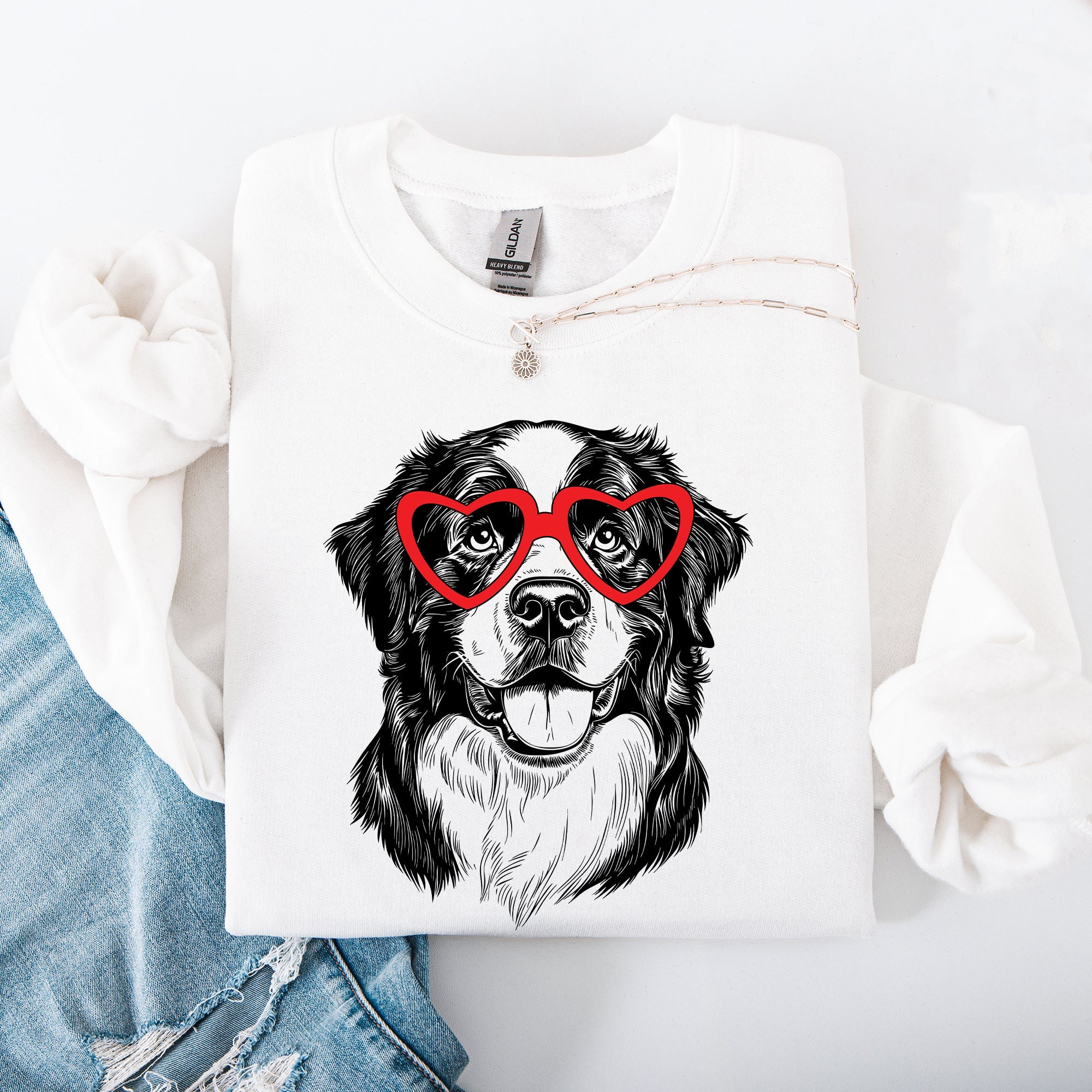 Bernese Mountain Dog Portrait With Heartbeat Line Valentine Edition For Dog Lovers Sweatshirt