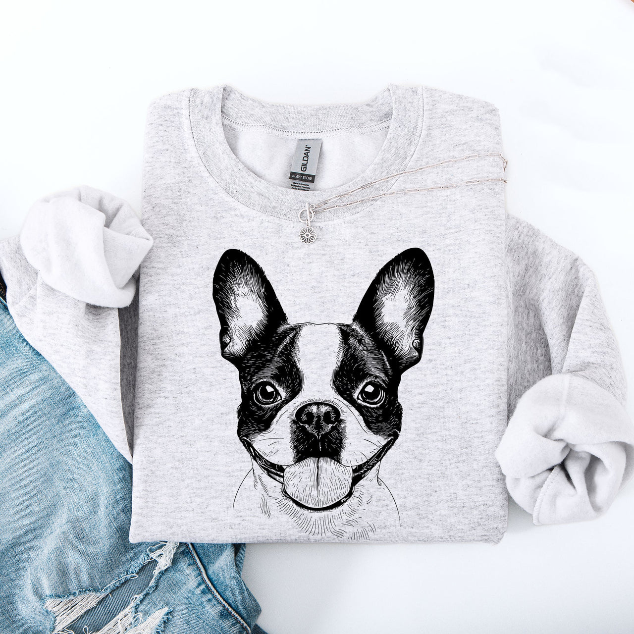 Boston Terrier Portrait Silhouette With Paw Print Heart Logo For Pet Lovers Sweatshirt