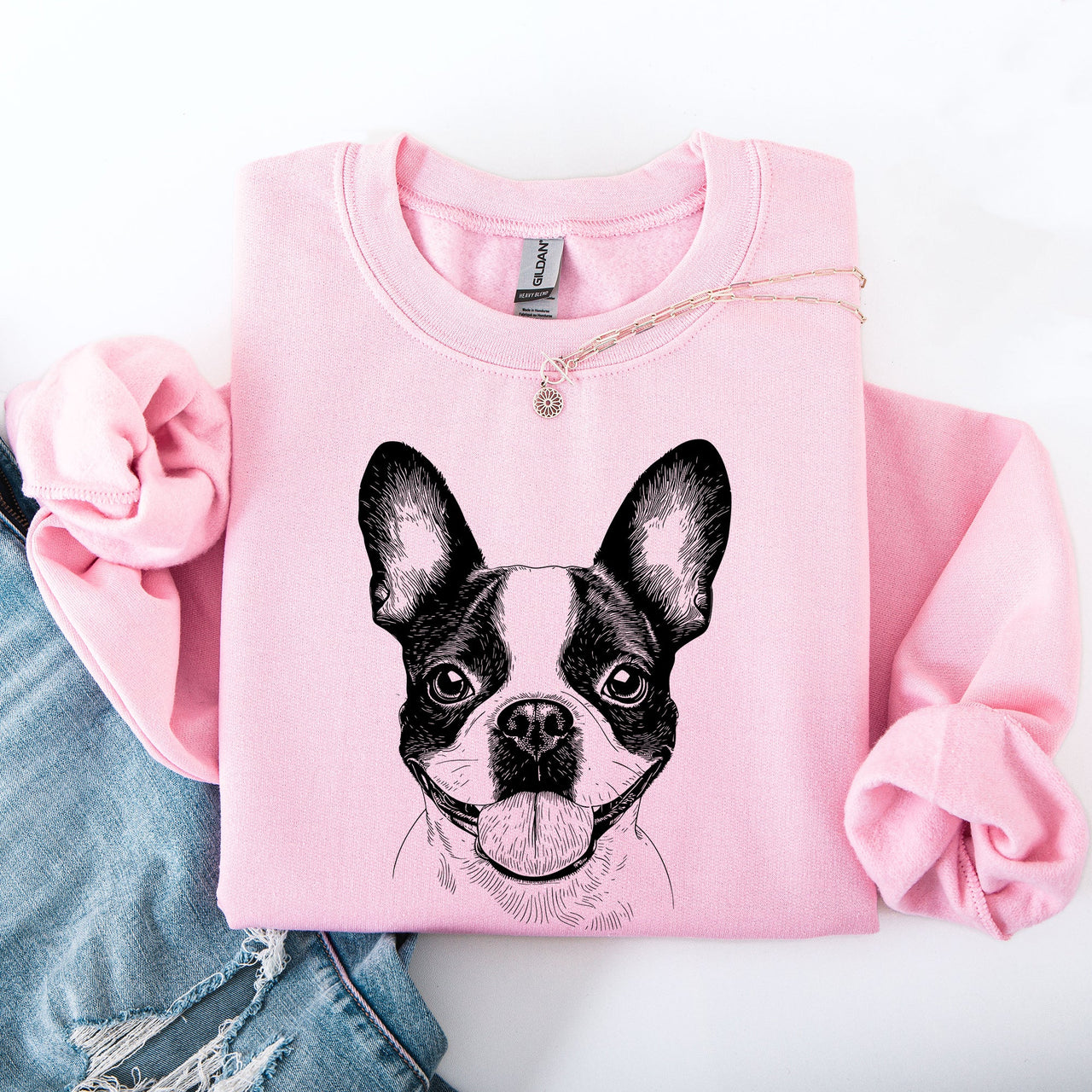 Boston Terrier Portrait Silhouette With Paw Print Heart Logo For Pet Lovers Sweatshirt