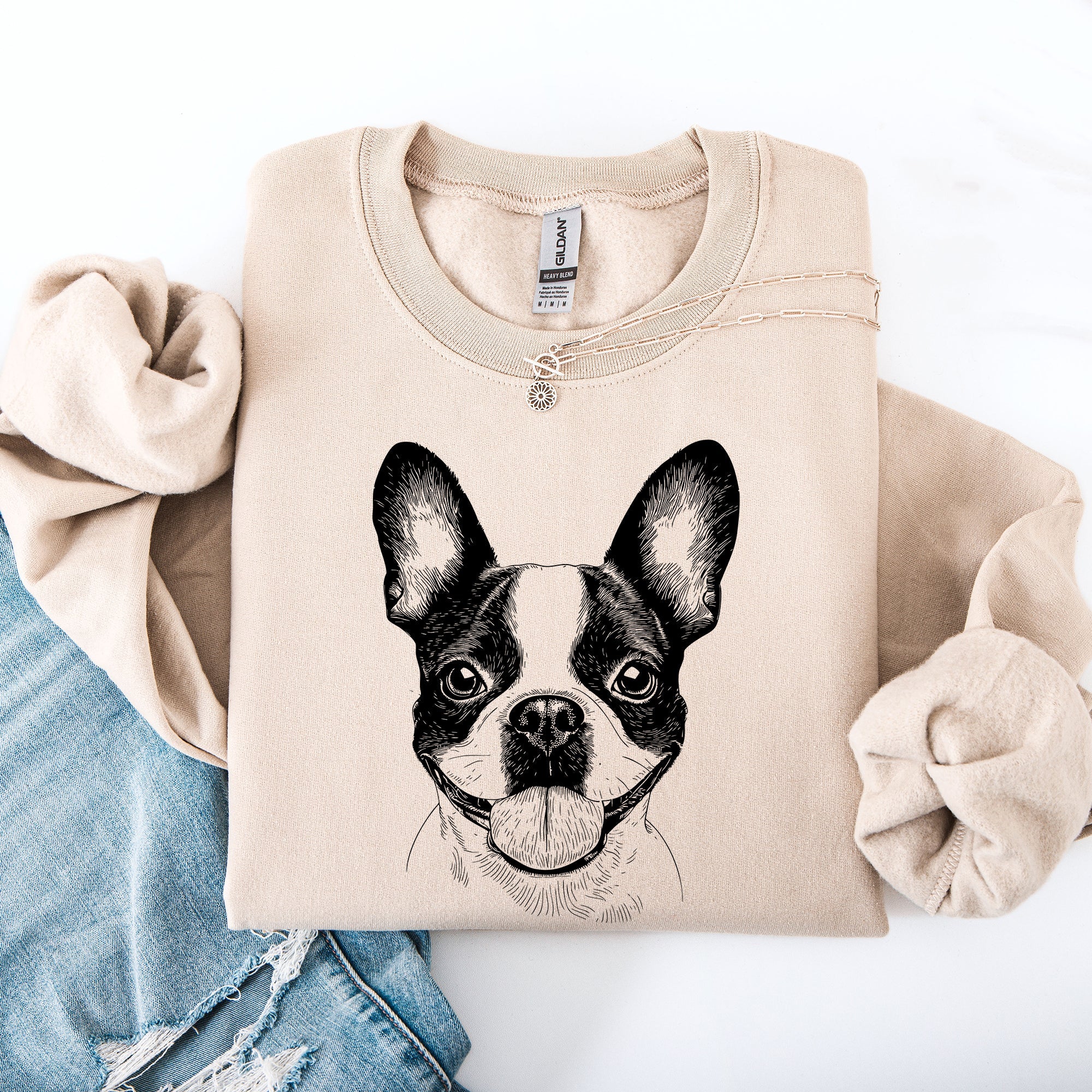 Boston Terrier Portrait Silhouette With Paw Print Heart Logo For Pet Lovers Sweatshirt