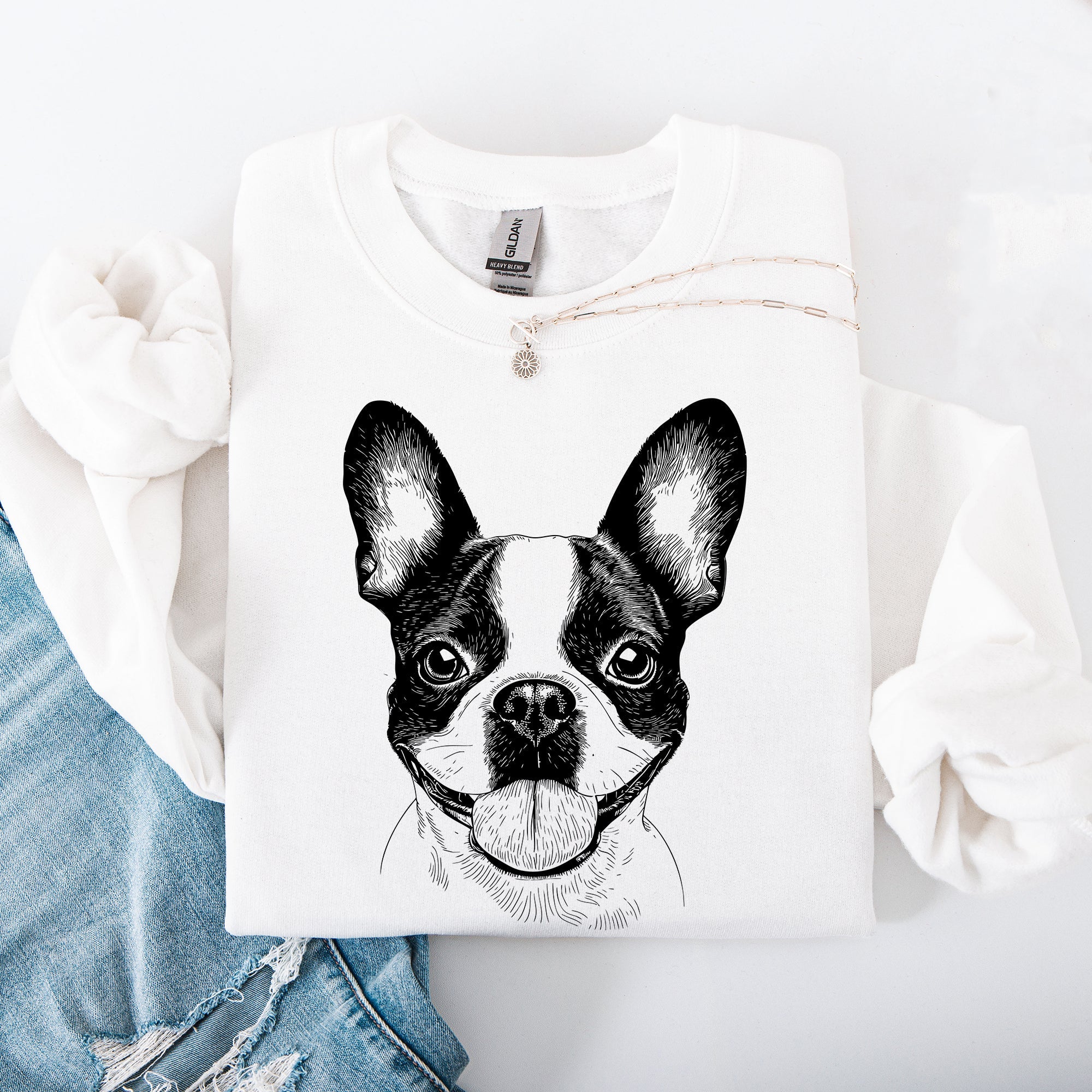 Boston Terrier Portrait Silhouette With Paw Print Heart Logo For Pet Lovers Sweatshirt