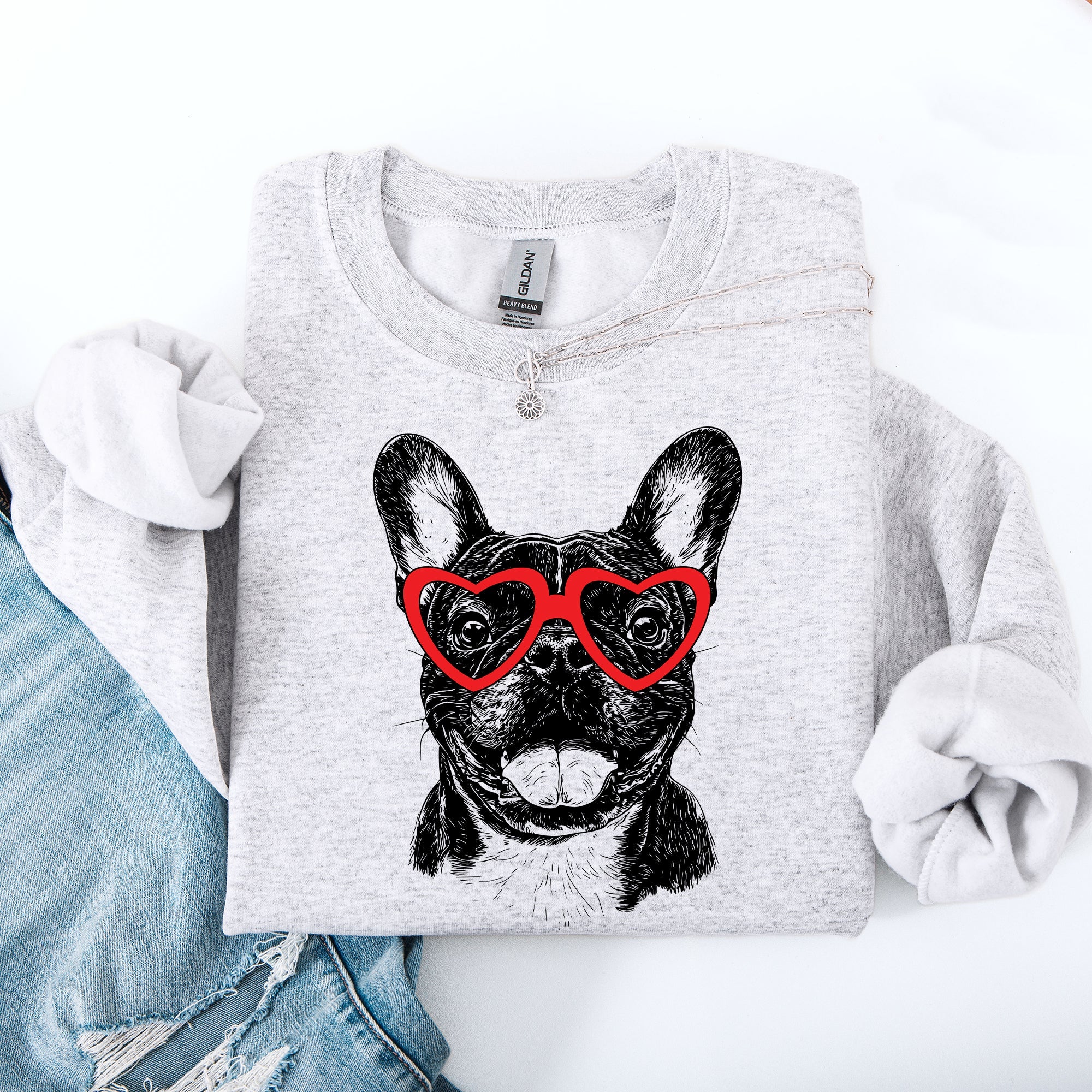 Frenchie Valentine Bulldog Lovers Heart Design For Dog Parents Cozy Seasonal Sweatshirt