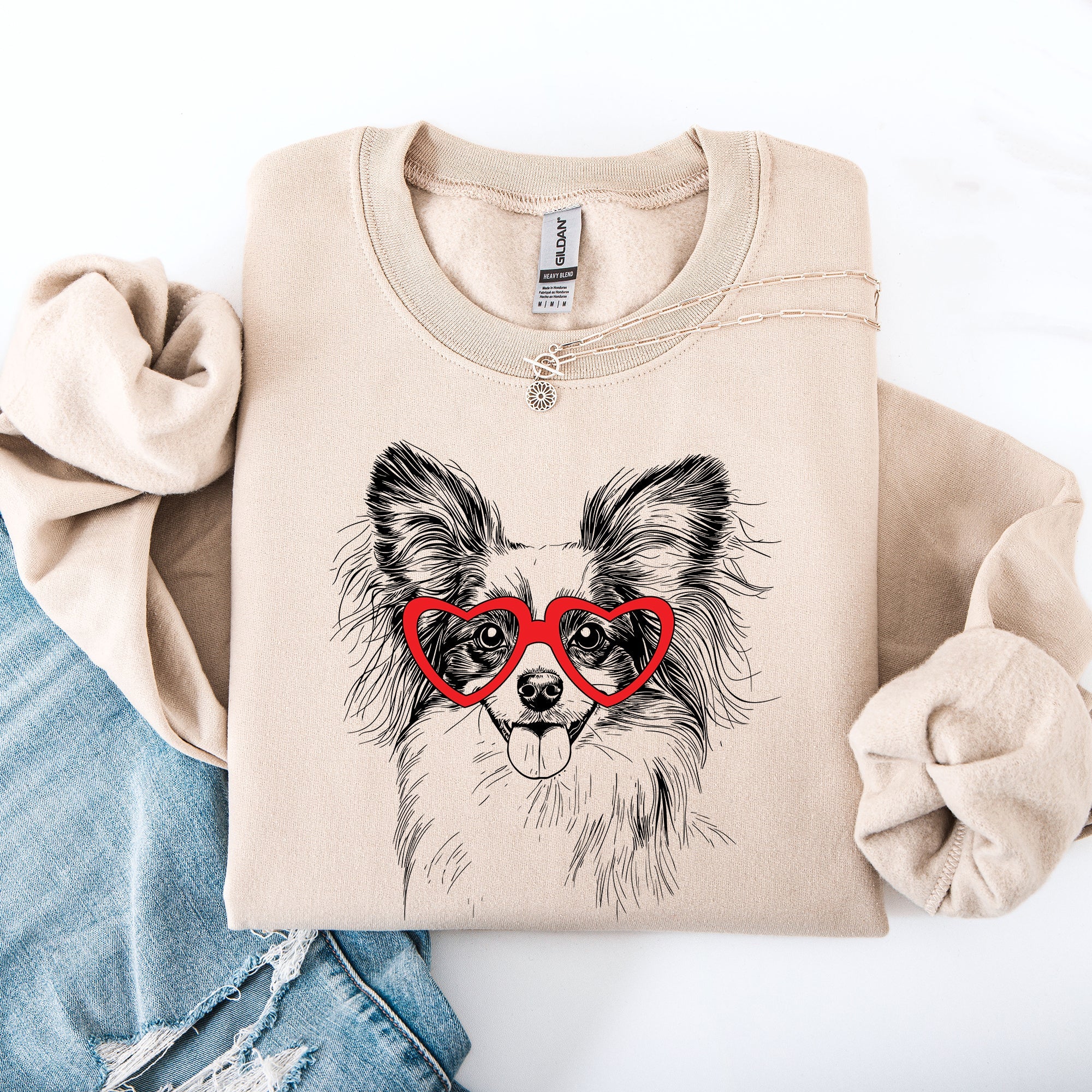 Papillon Proud Pet Lover Valentine's Day Paw Print Heartbeat Graphic Cozy Sweatshirt