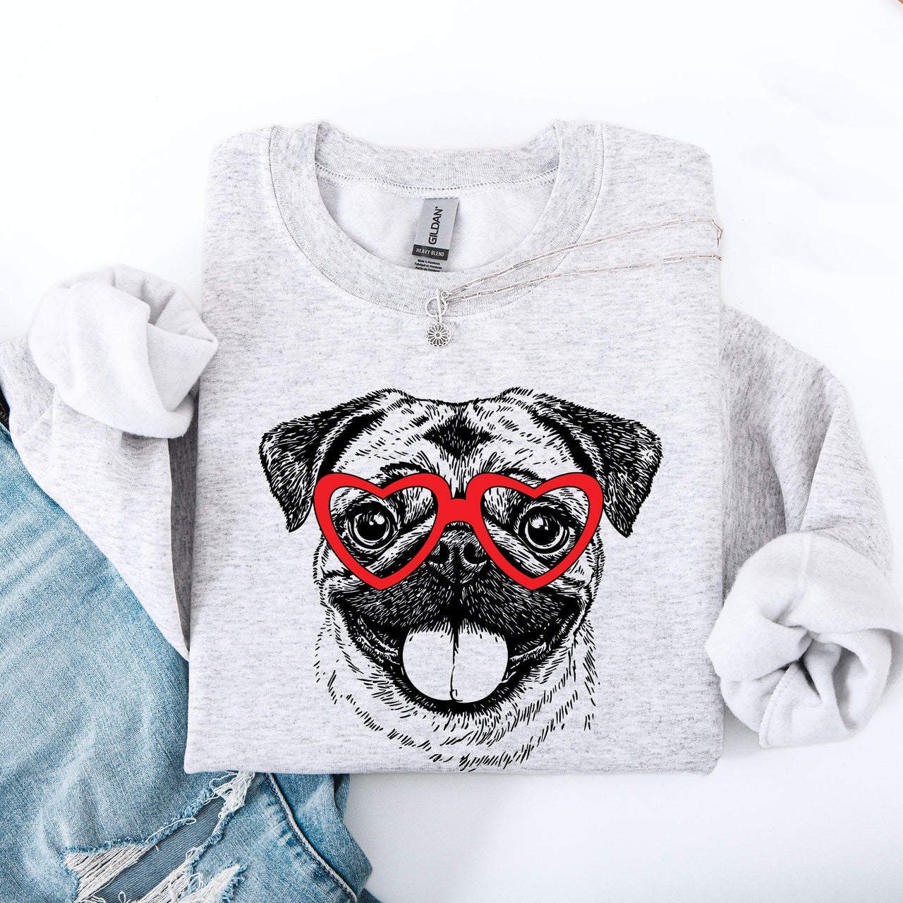 Pug Valentine's Love Portrait With Heart Paw Print Artwork For Dog Lovers Everywhere Sweatshirt