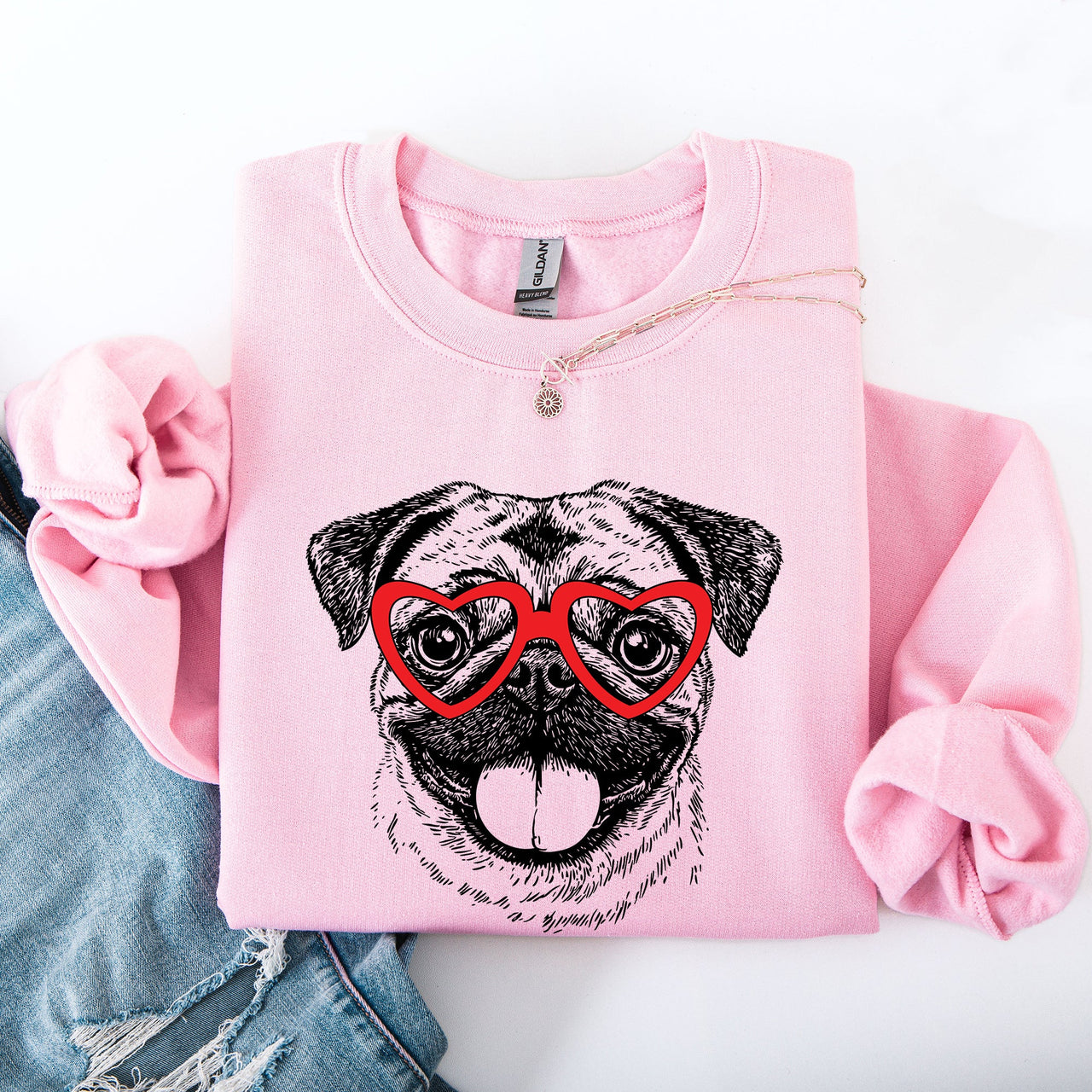 Pug Valentine's Love Portrait With Heart Paw Print Artwork For Dog Lovers Everywhere Sweatshirt