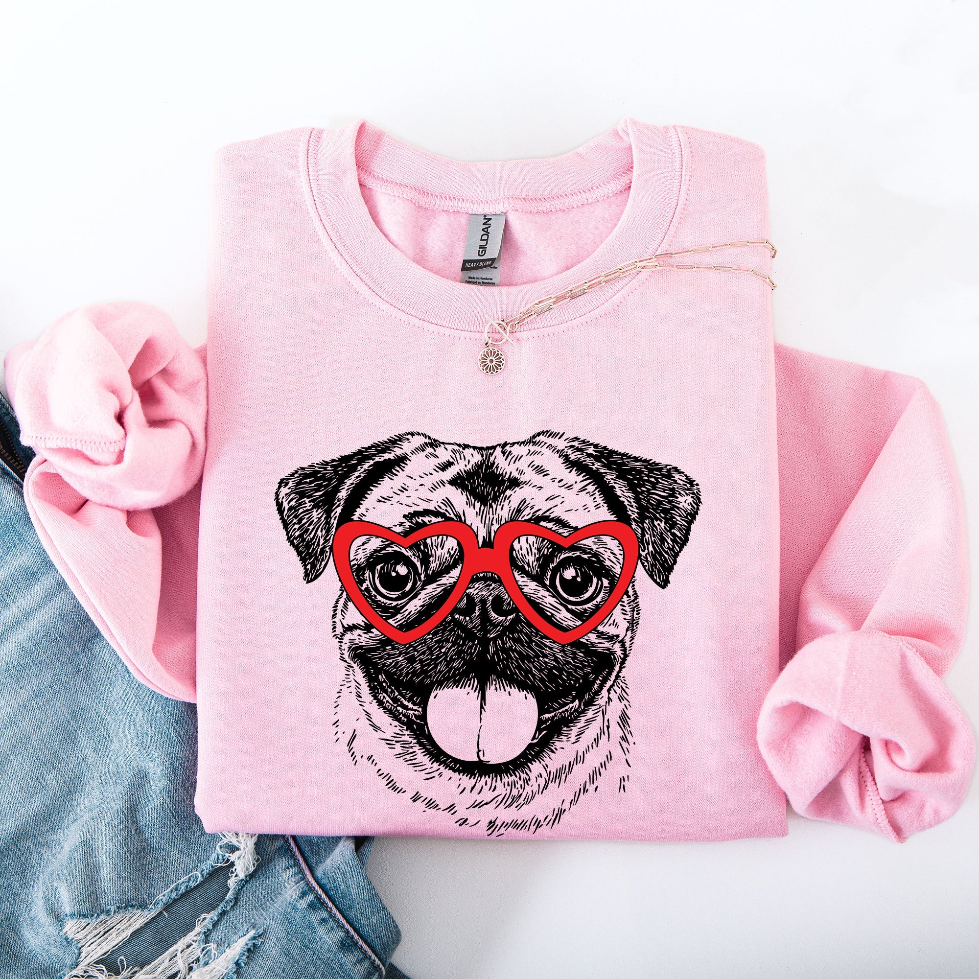 Pug Valentine's Love Portrait With Heart Paw Print Artwork For Dog Lovers Everywhere Sweatshirt