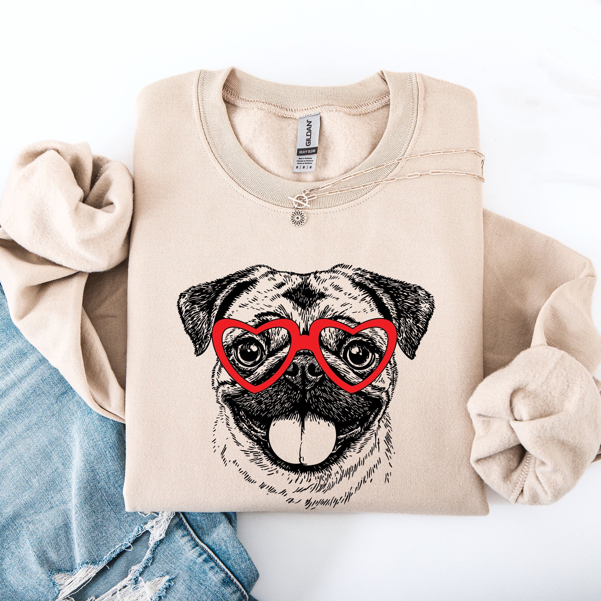 Pug Valentine's Love Portrait With Heart Paw Print Artwork For Dog Lovers Everywhere Sweatshirt