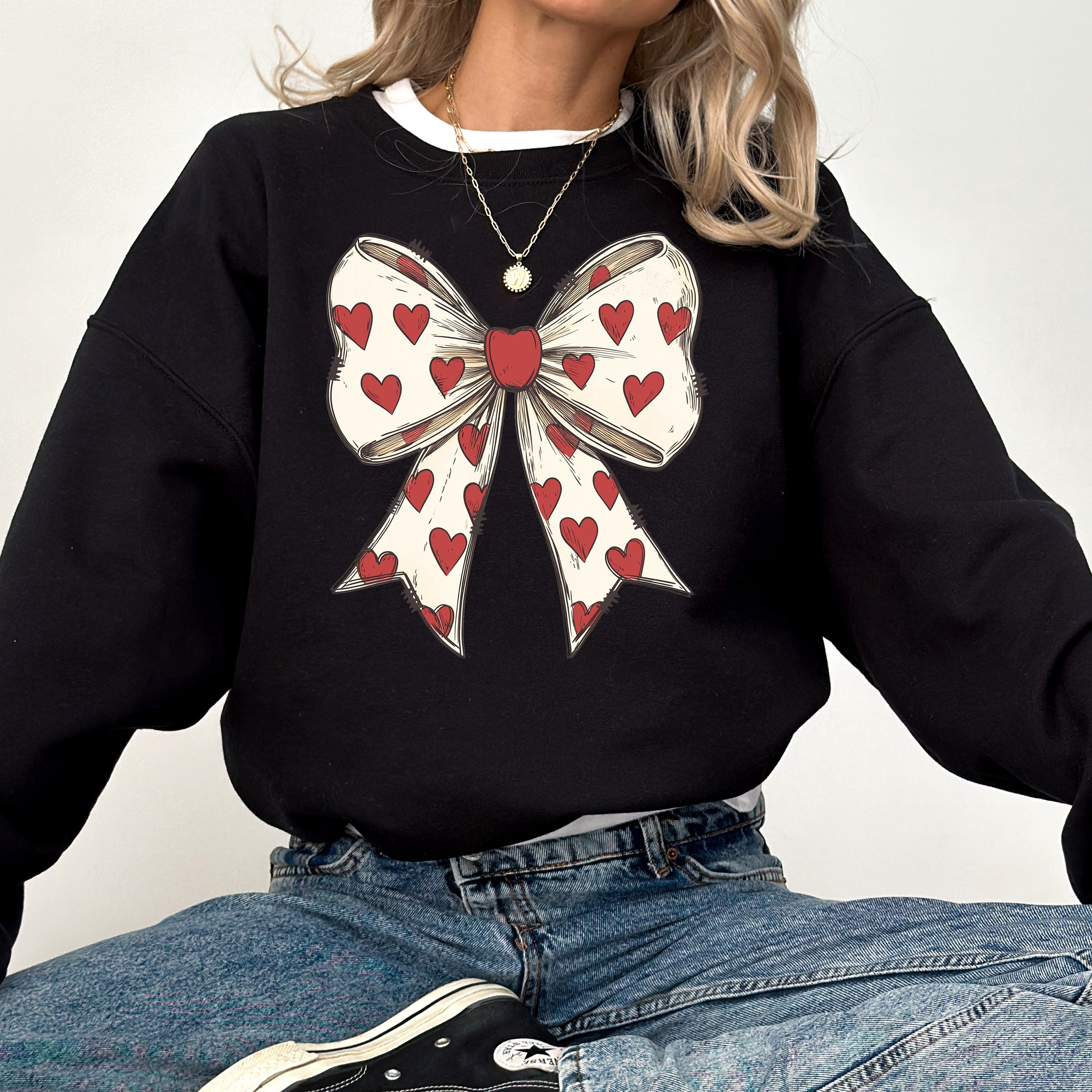 Retro Bow Hearts Coquette Valentine's Day Love Romance Inspired Cozy Vintage Evening Sweatshirt