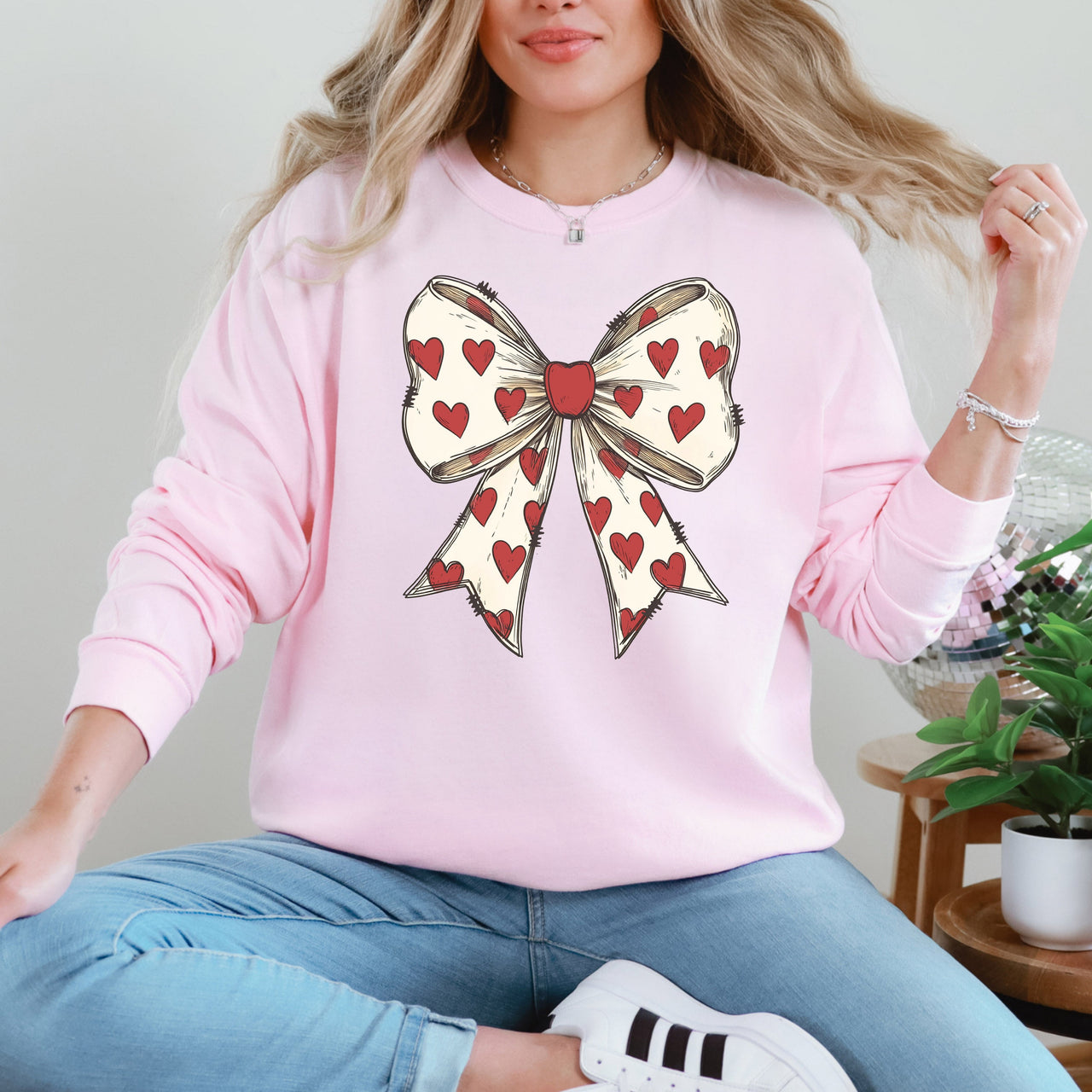 Retro Bow Hearts Coquette Valentine's Day Love Romance Inspired Cozy Vintage Evening Sweatshirt