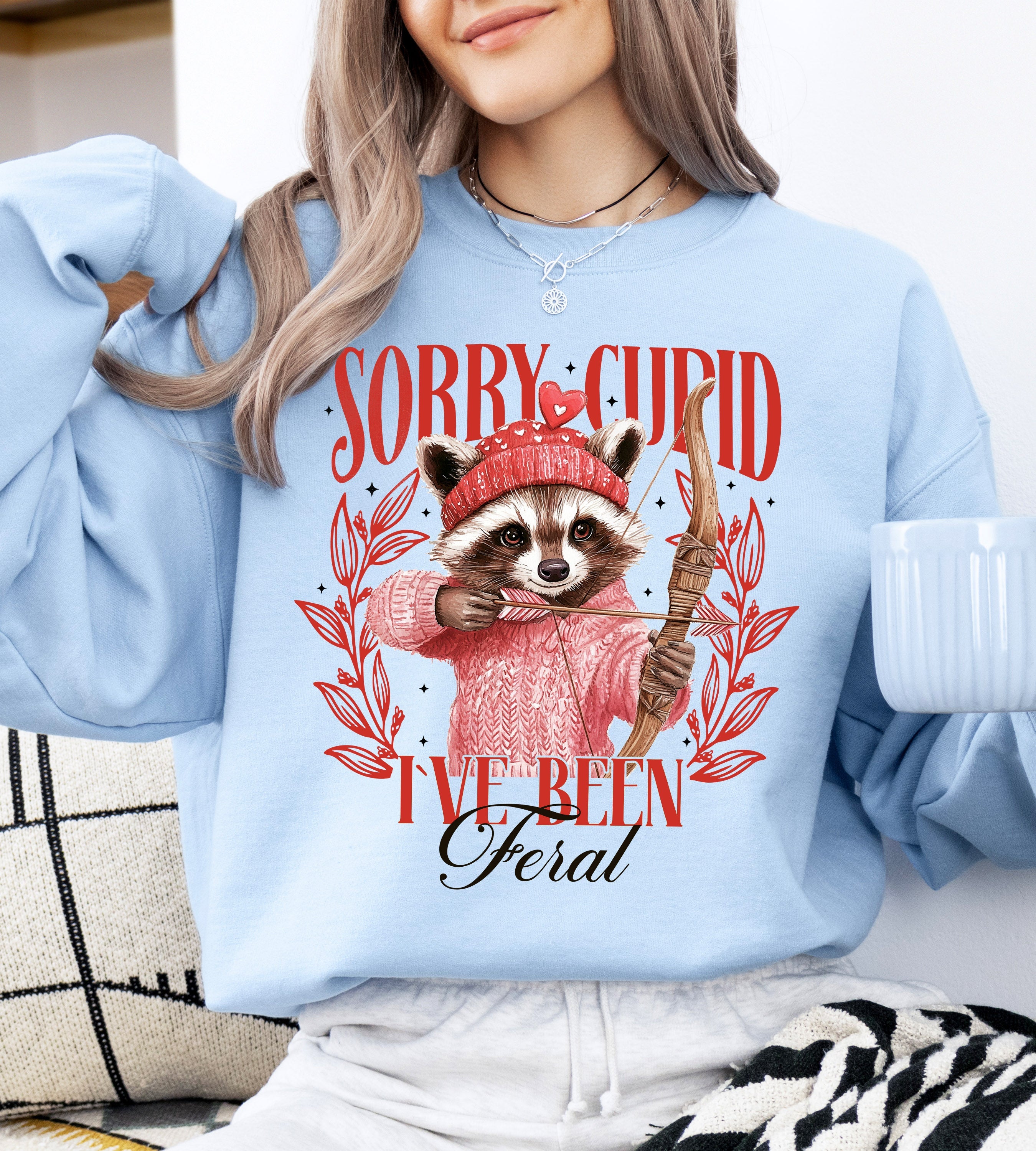Sorry Cupid Raccoon Feral Valentine's Day Love Print With Cozy Soft Quirk Sweatshirt