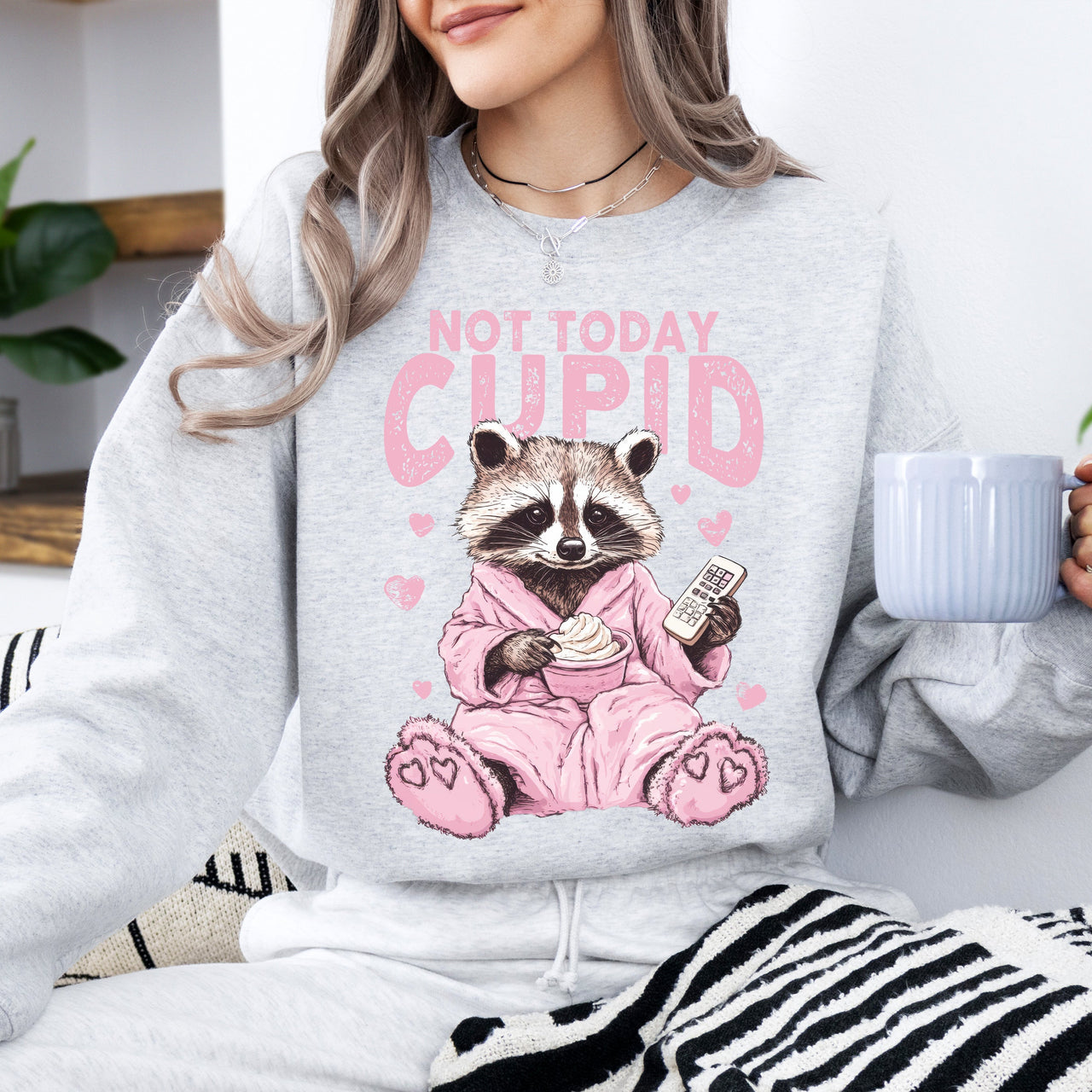 Not Today Cupid Feral Raccoon Valentine's Day Love For Pun Lovers Graphic Sweatshirt